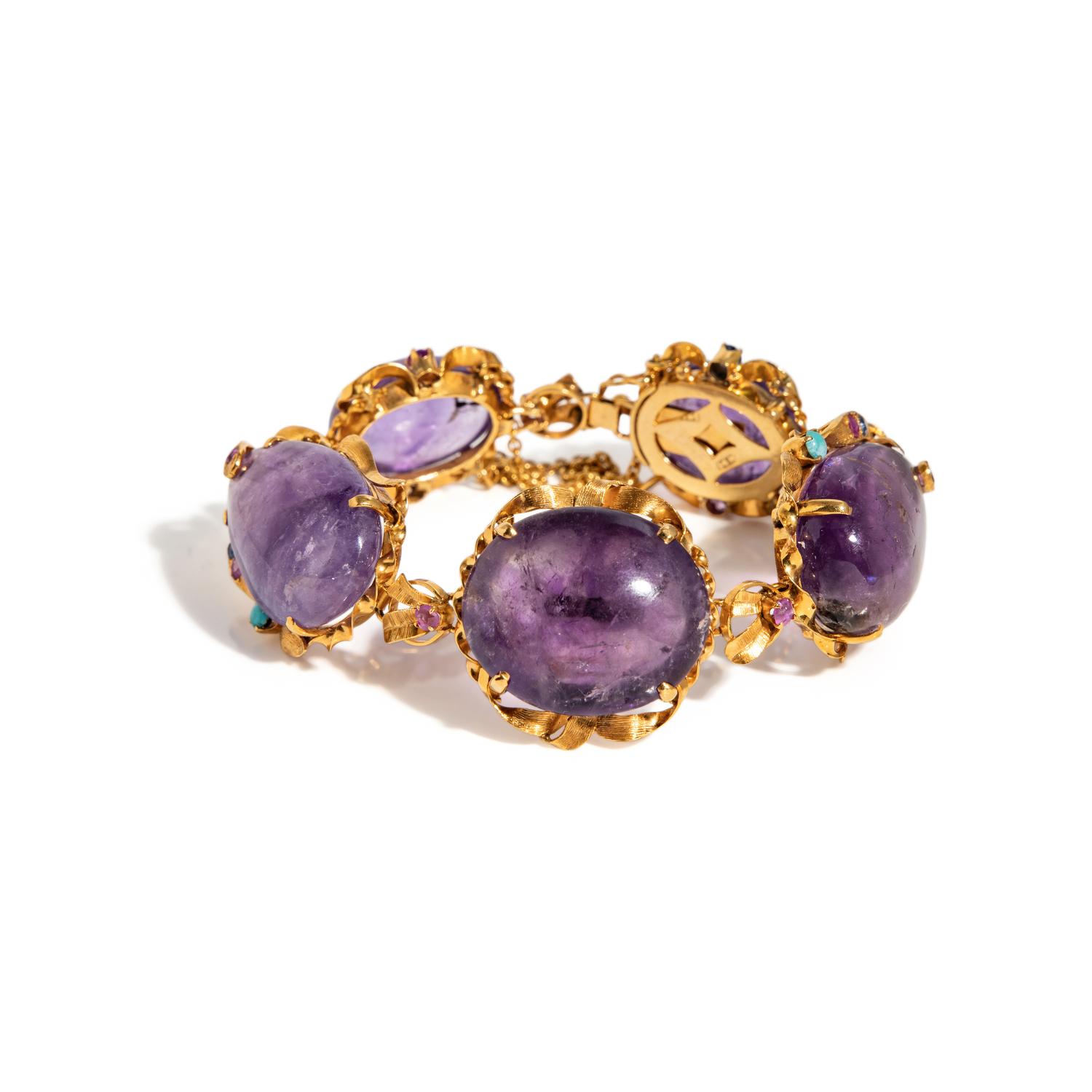 AMETHYST, MULTIGEM, AND YELLOW GOLD BRACELET