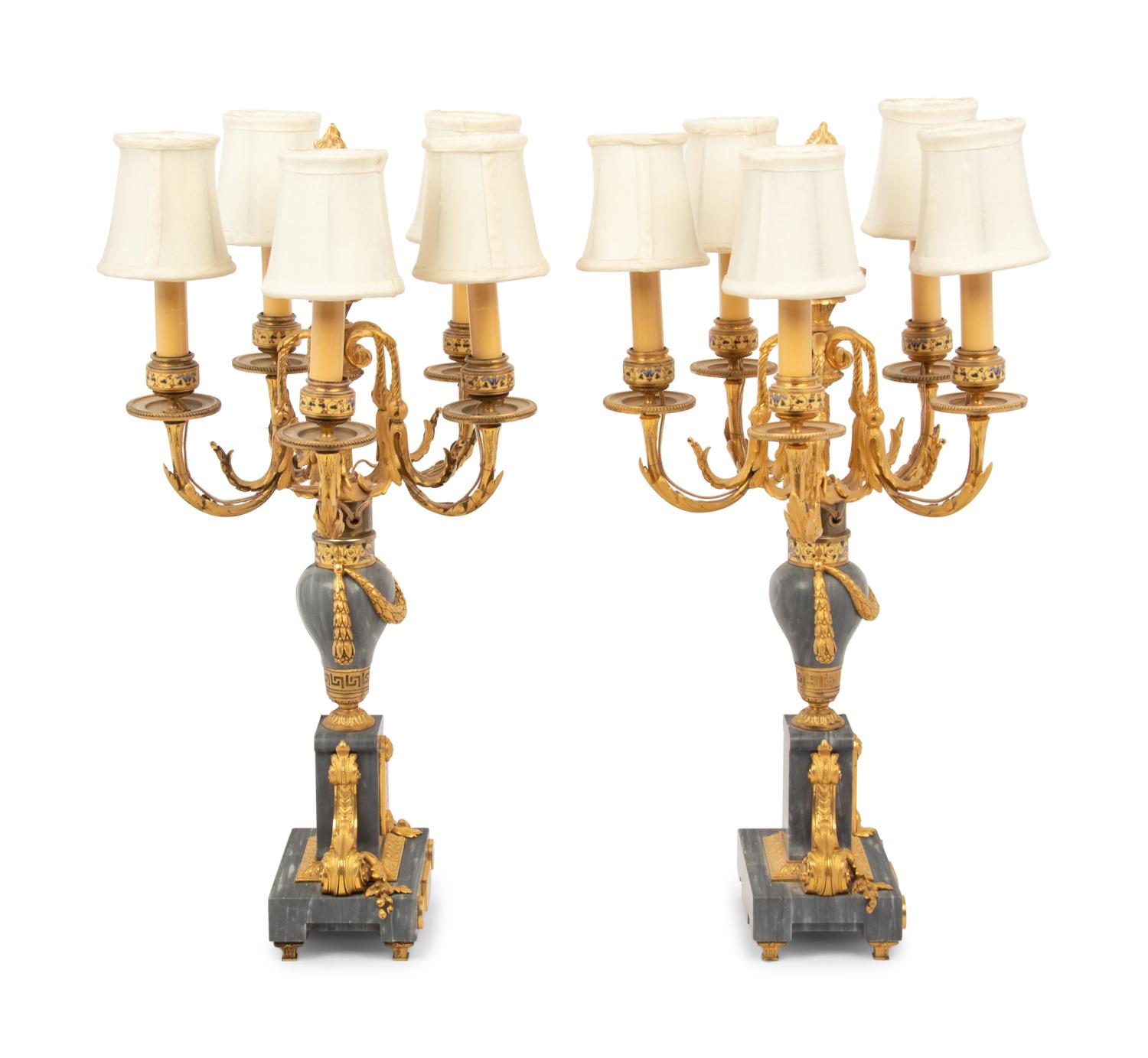 A Pair of Napoleon III Style Gilt Bronze, Marble and Champlevé Five-Light Candelabra