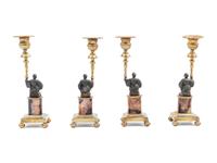 A Set of Four Gilt Metal and 'Blue John' Figural Candlesticks