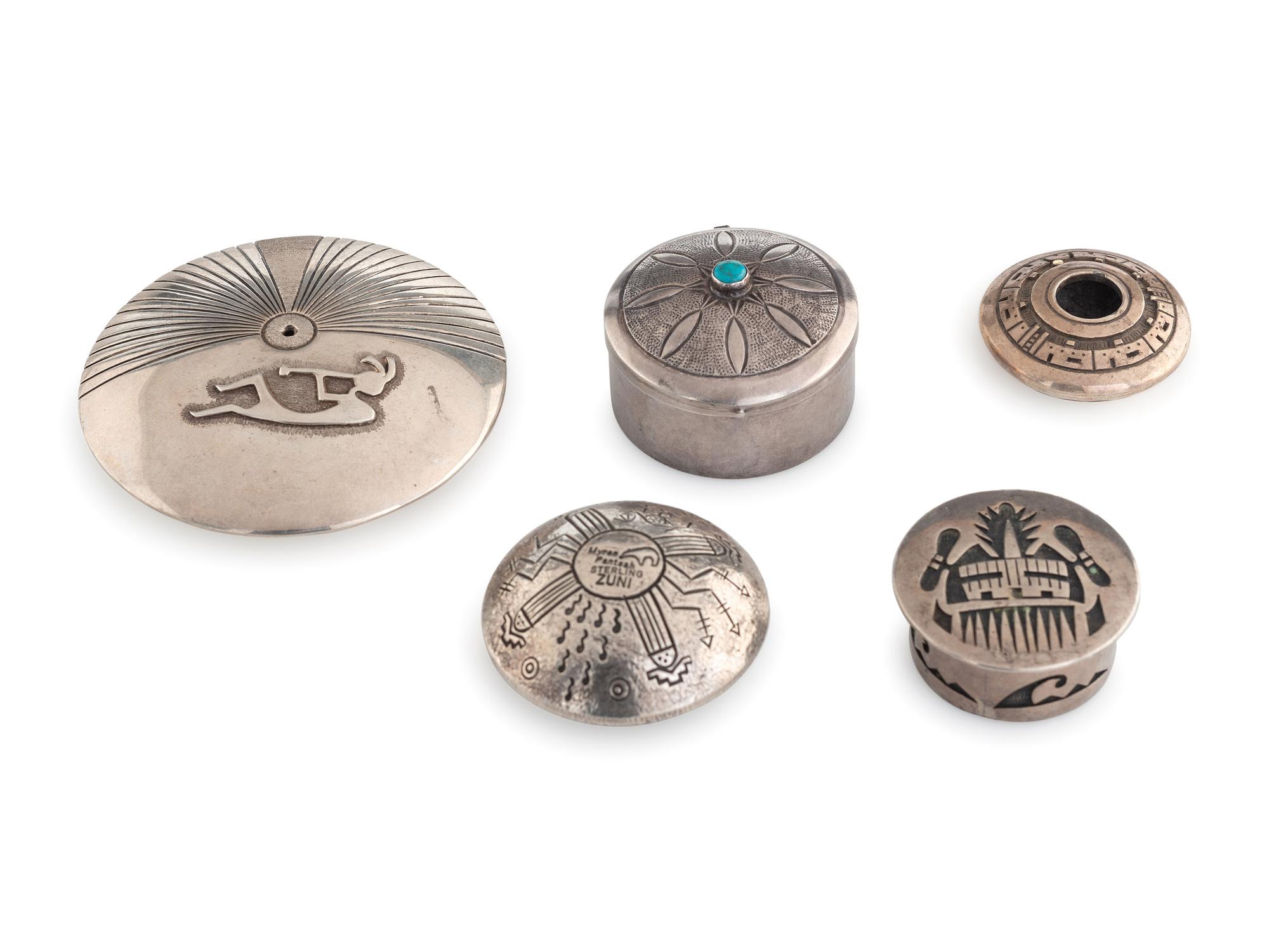 Zuni, Kewa, Navajo, and Hopi Miniature Silver Boxes and Seed Jars