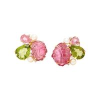 YELLOW GOLD AND MULTIGEM BROOCH AND EARRINGS