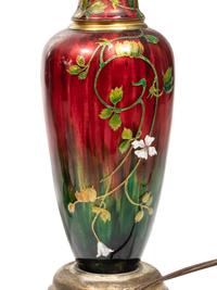 A Pair of French Enameled Metal Vases Mounted as Lamps