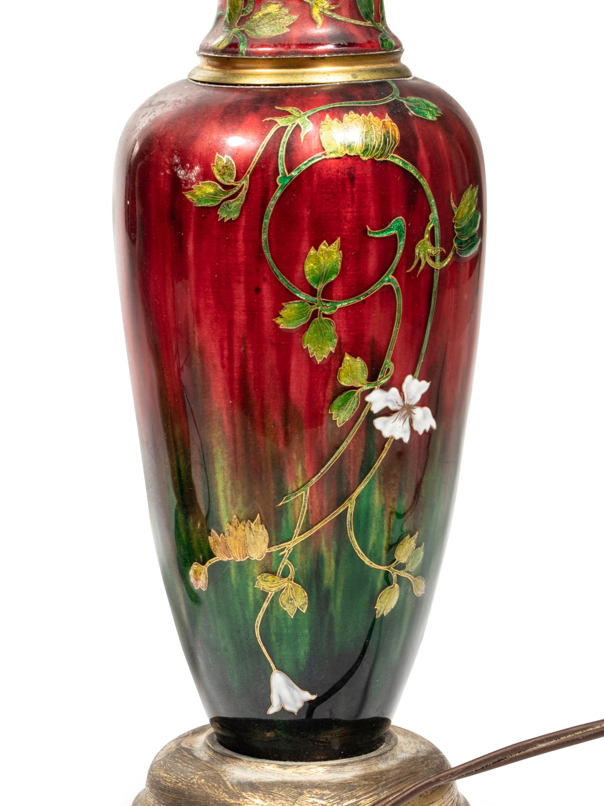A Pair of French Enameled Metal Vases Mounted as Lamps