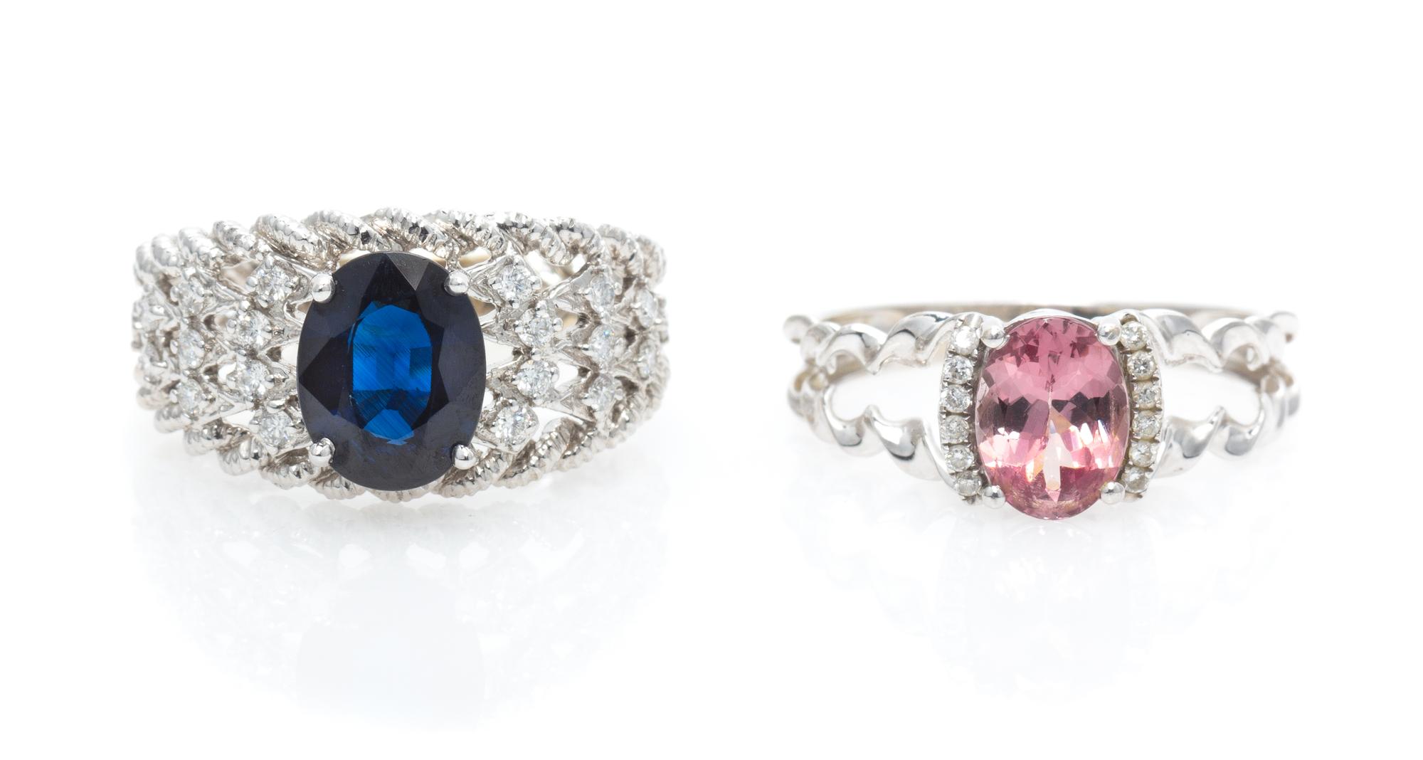 A Collection of White Gold, Diamond and Gemstone Rings, 5.10 dwts.