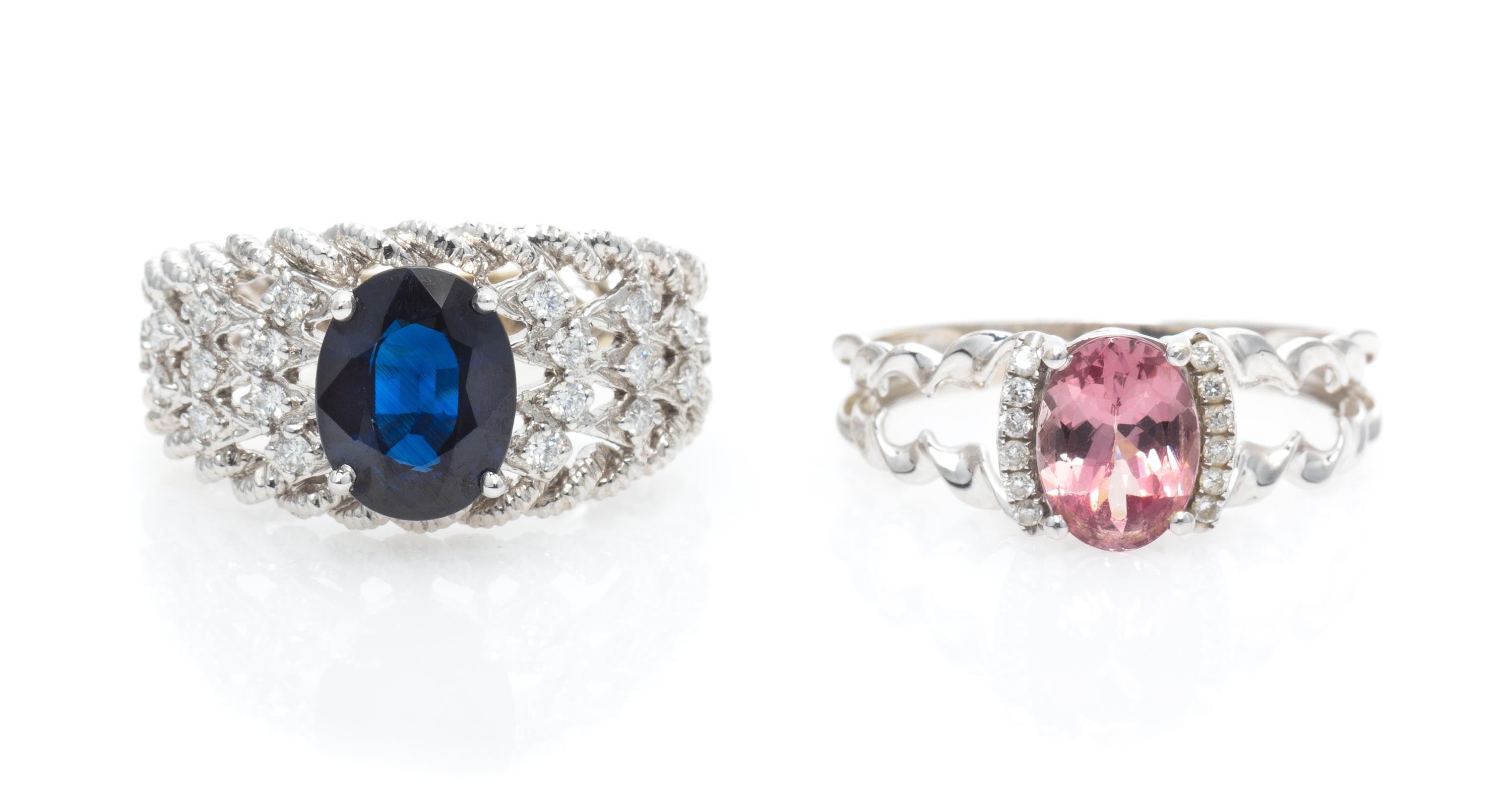 A Collection of White Gold, Diamond and Gemstone Rings, 5.10 dwts.