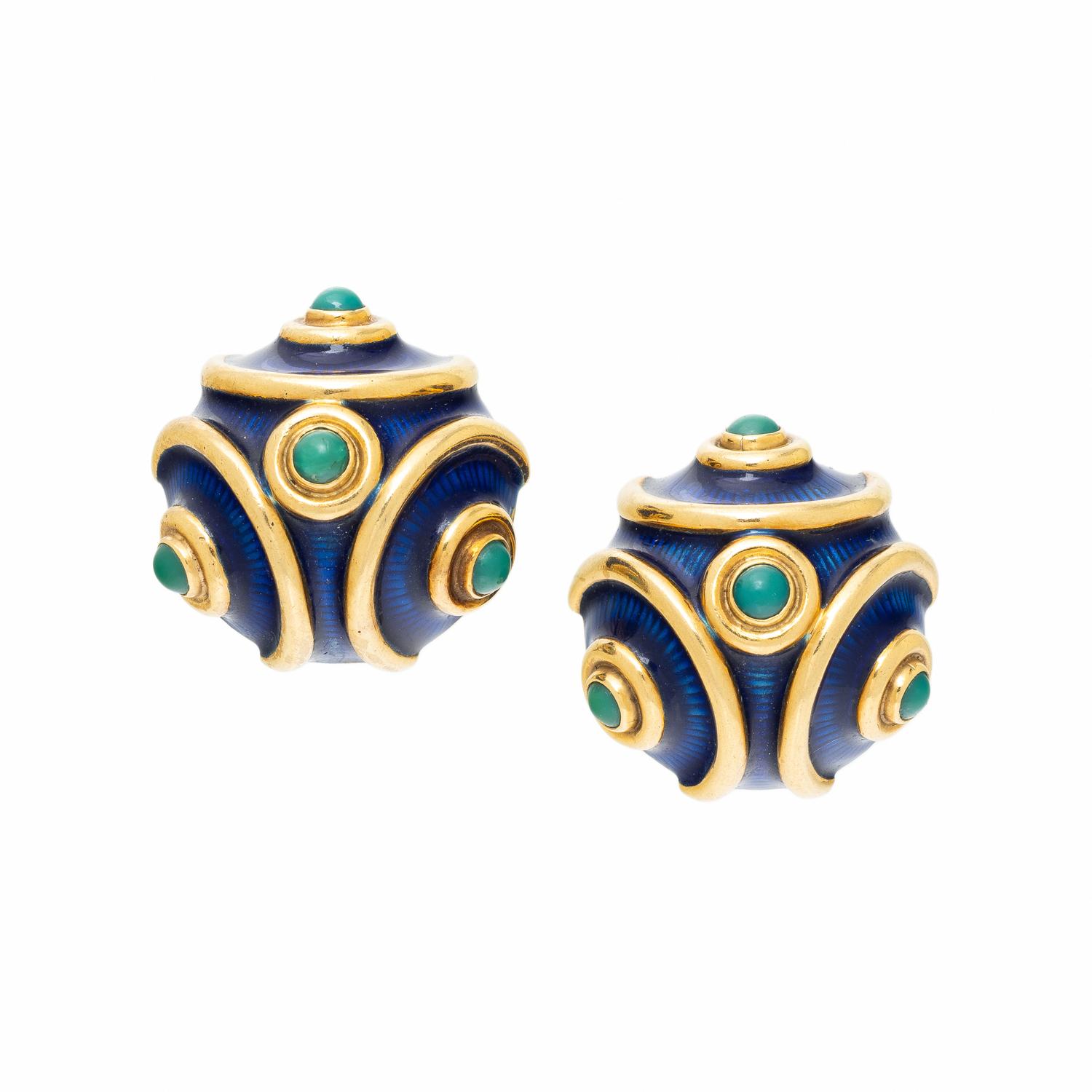 TIFFANY & CO., TURQUOISE, ENAMEL, AND YELLOW GOLD EARRINGS