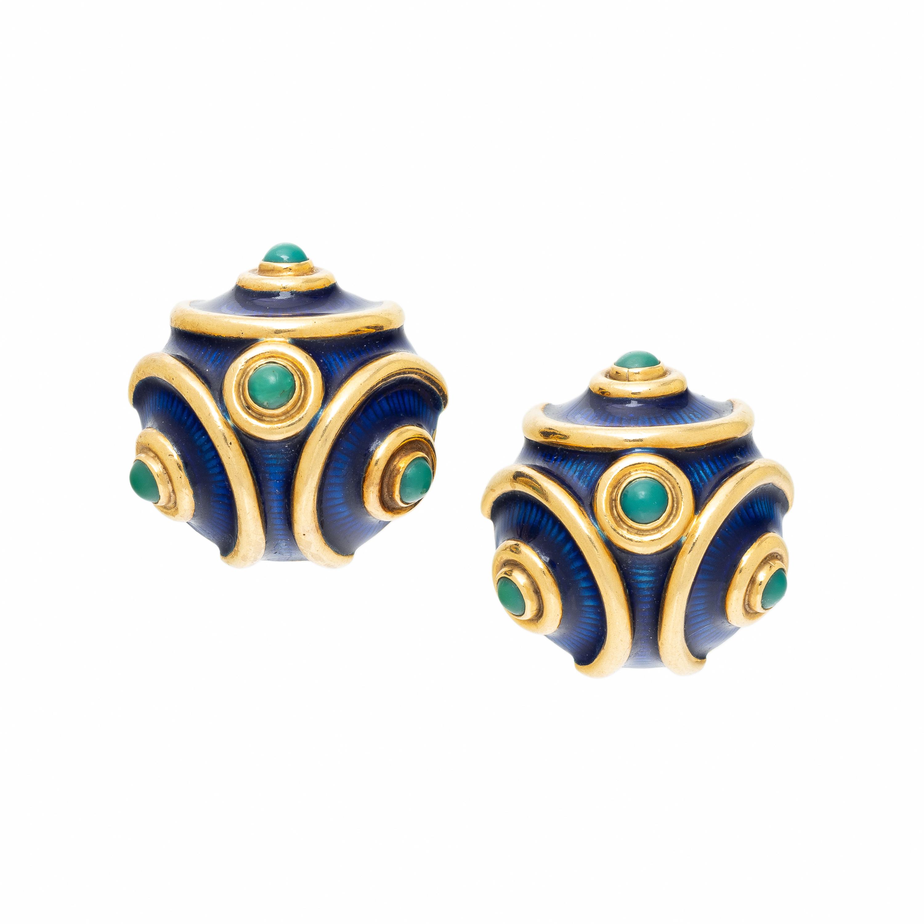 TIFFANY & CO., TURQUOISE, ENAMEL, AND YELLOW GOLD EARRINGS