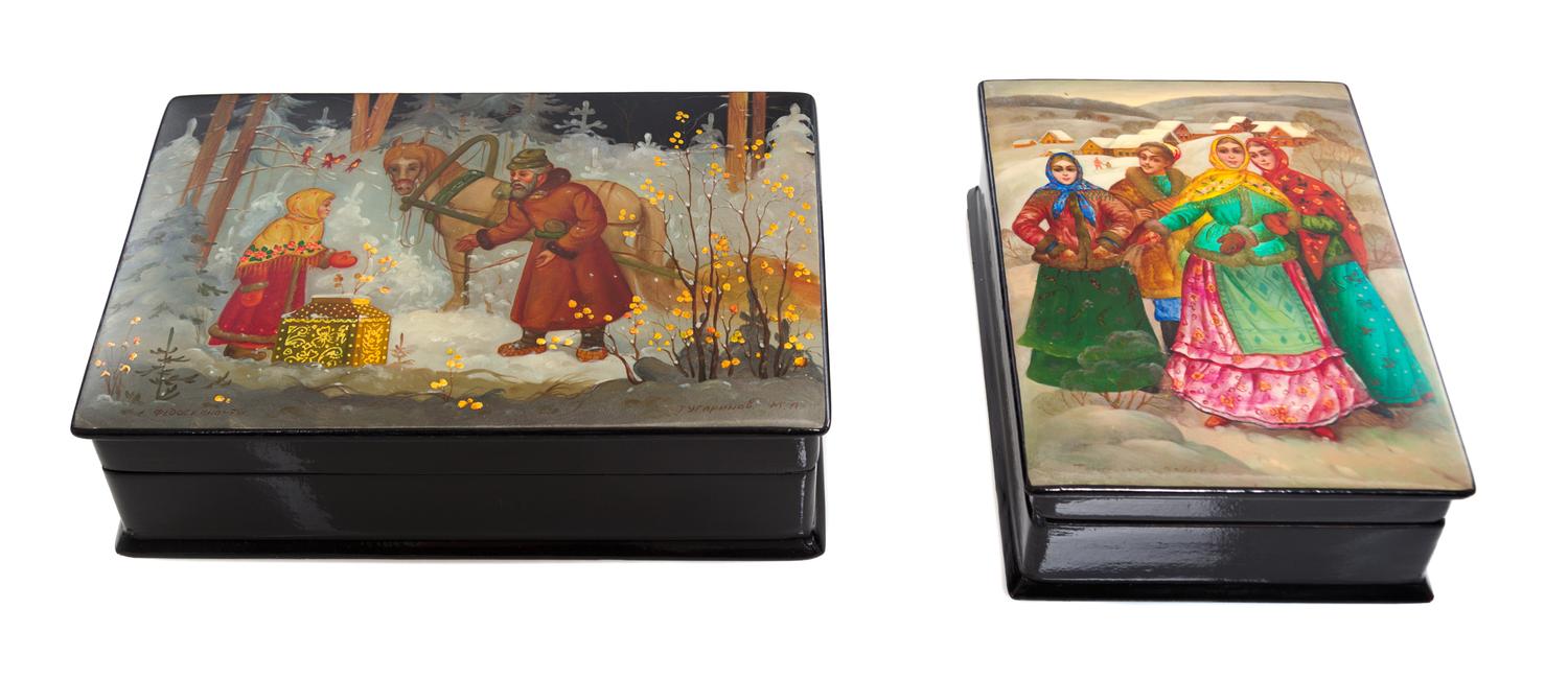 A Collection of Four Russian Lacquered Boxes, 20th Century, each of rectangular form with hinged lids, all decorated with peasant scene