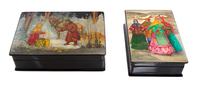 A Collection of Four Russian Lacquered Boxes, 20th Century, each of rectangular form with hinged lids, all decorated with peasant scene