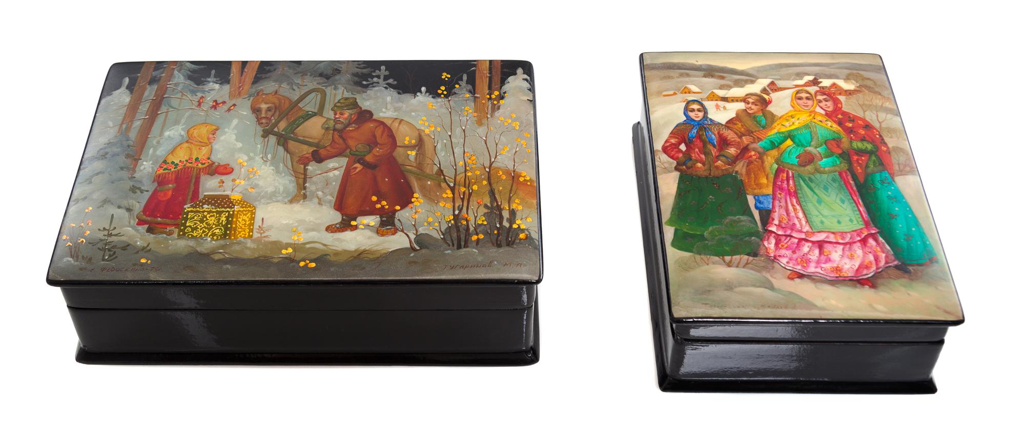 A Collection of Four Russian Lacquered Boxes, 20th Century, each of rectangular form with hinged lids, all decorated with peasant scene