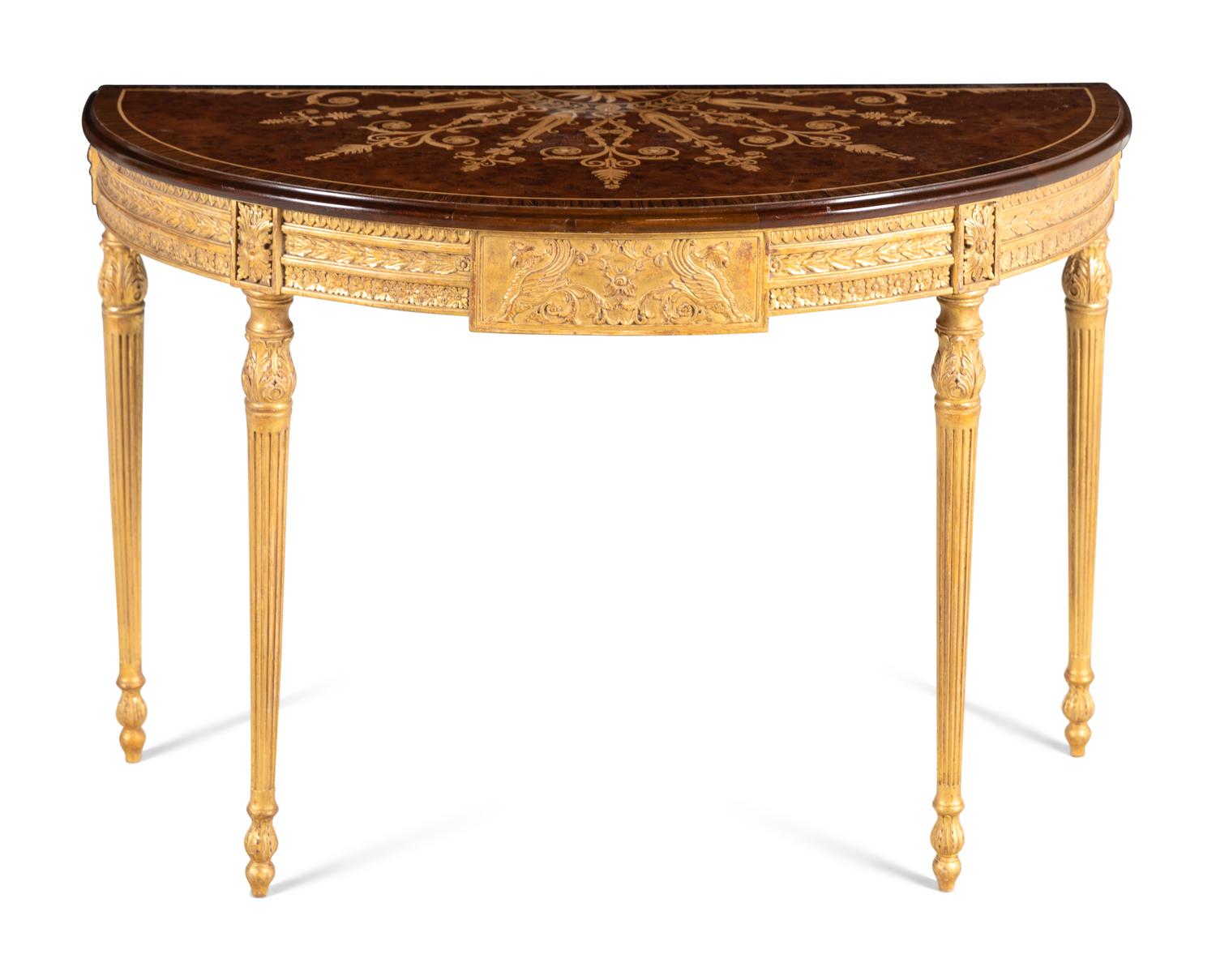 An Adam Style Giltwood, Burlwood and Marquetry Console Table