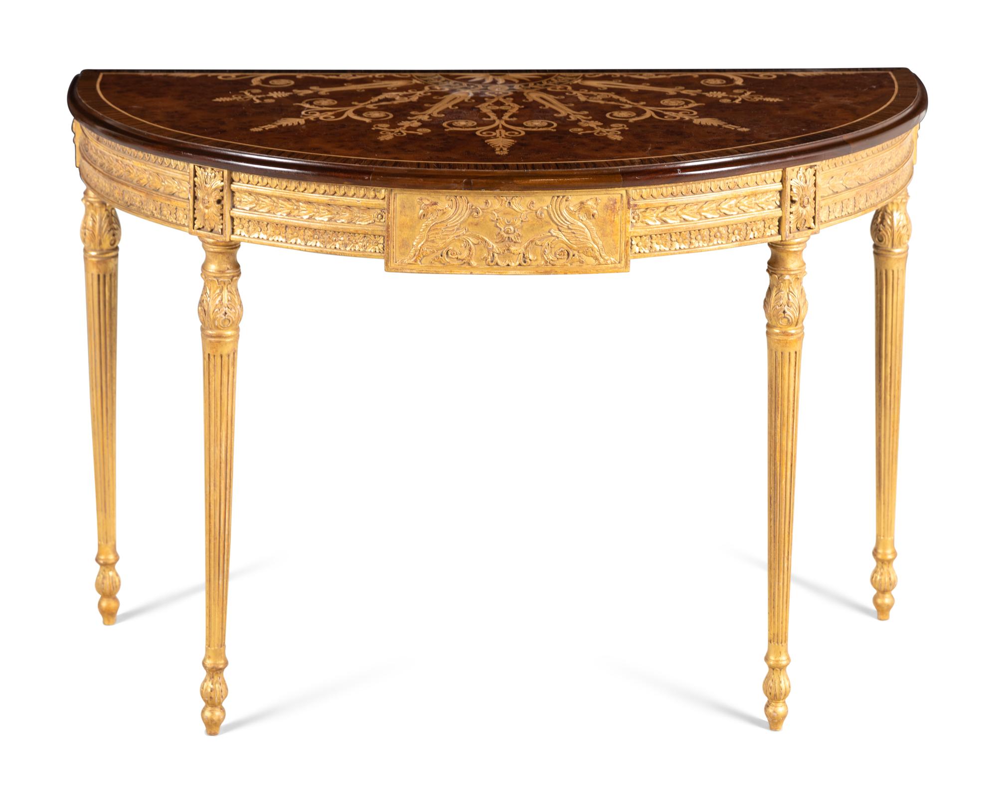 An Adam Style Giltwood, Burlwood and Marquetry Console Table