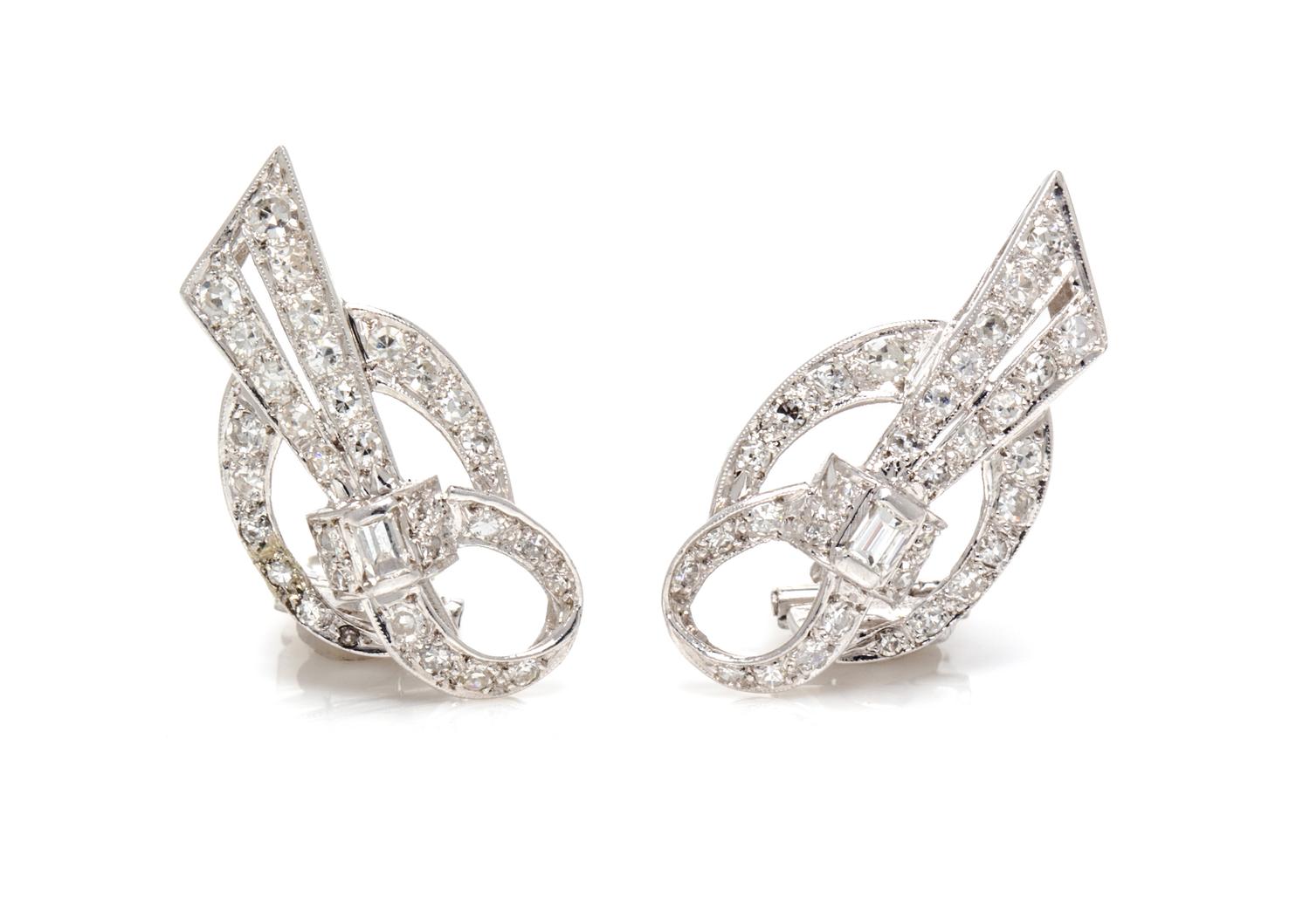 A Pair of Vintage Platinum and Diamond Earclips, 6.10 dwts.