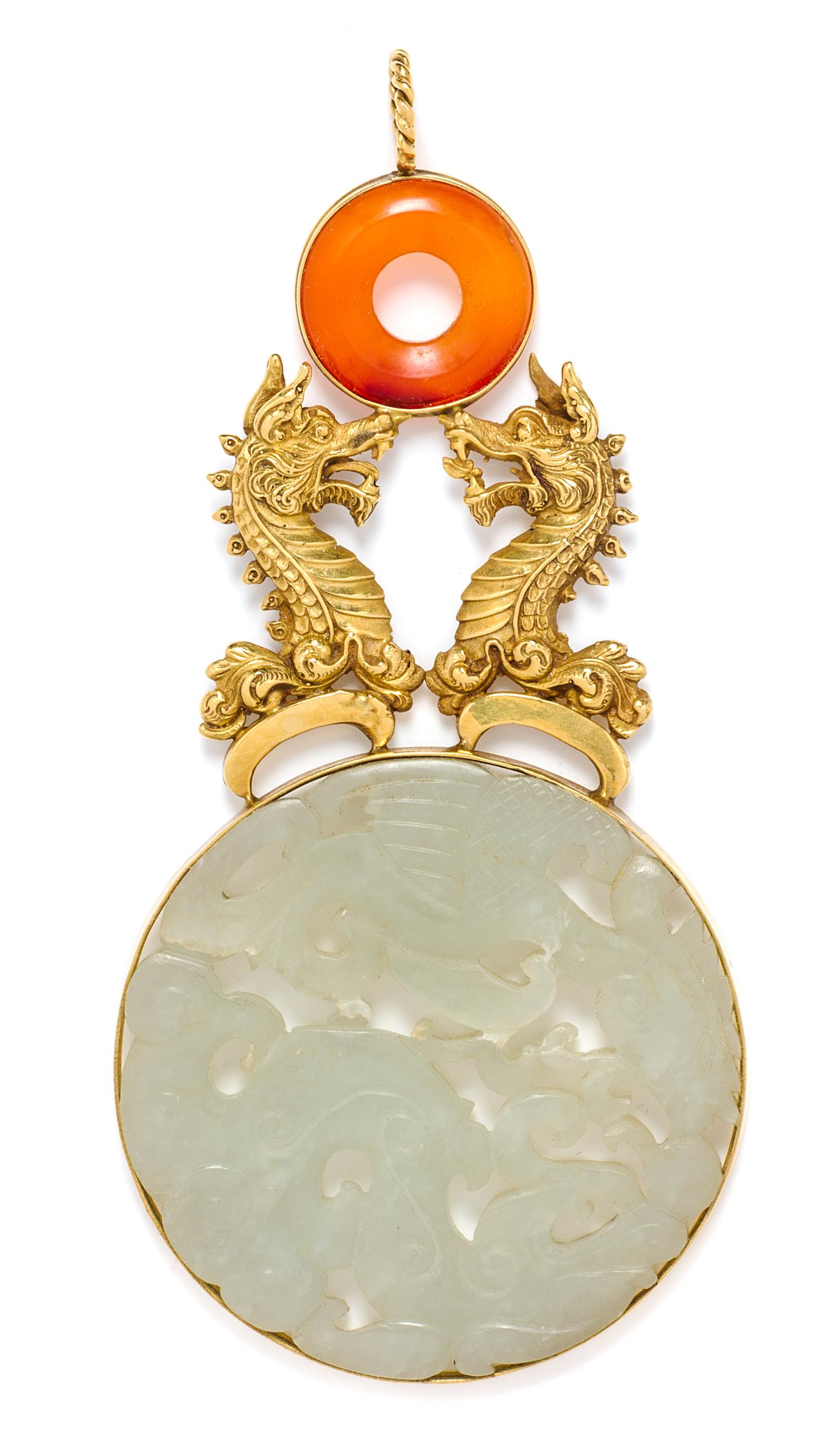 A Yellow Gold and Jade Pendant, 36.30 dwts.