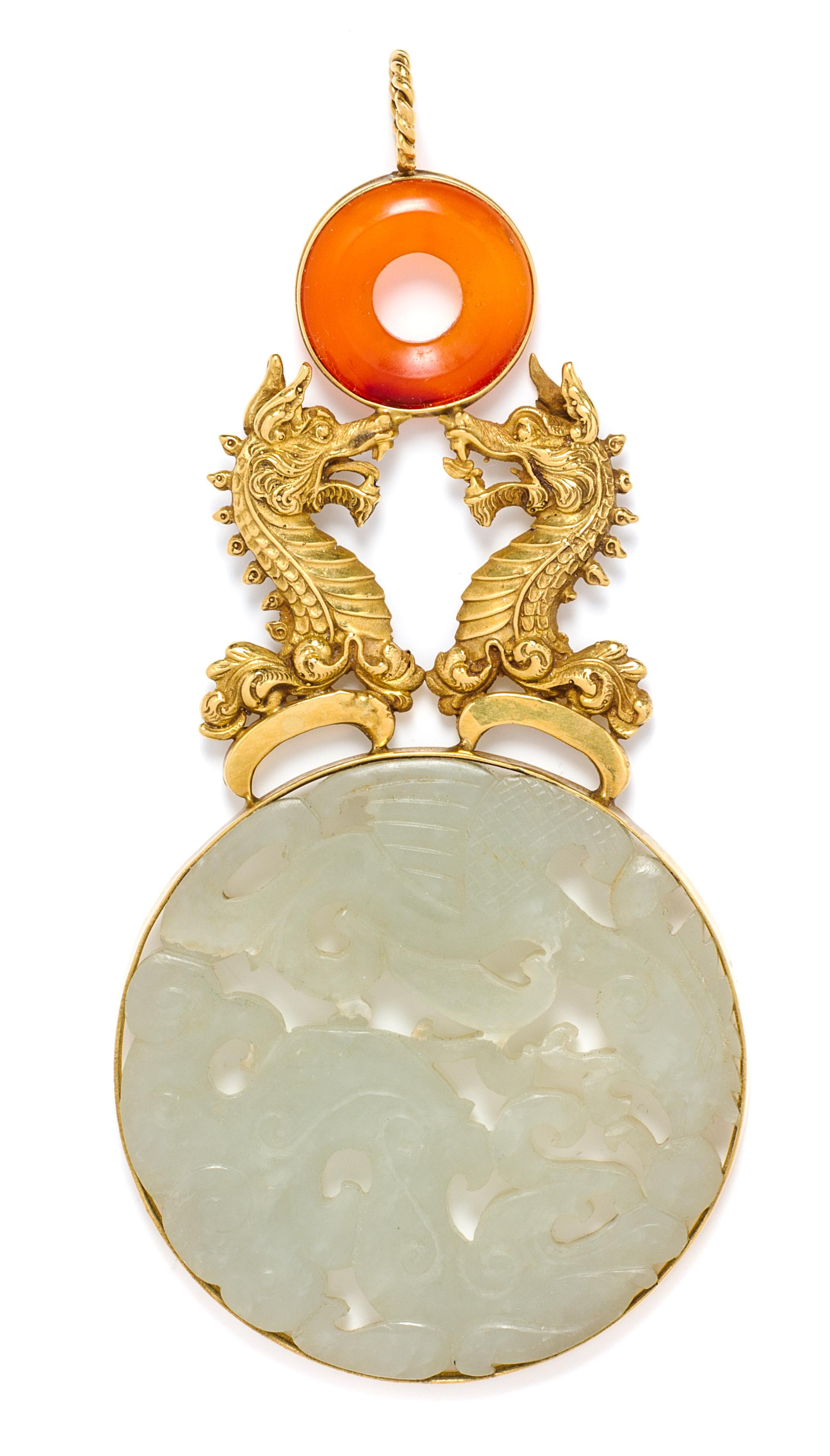 A Yellow Gold and Jade Pendant, 36.30 dwts.