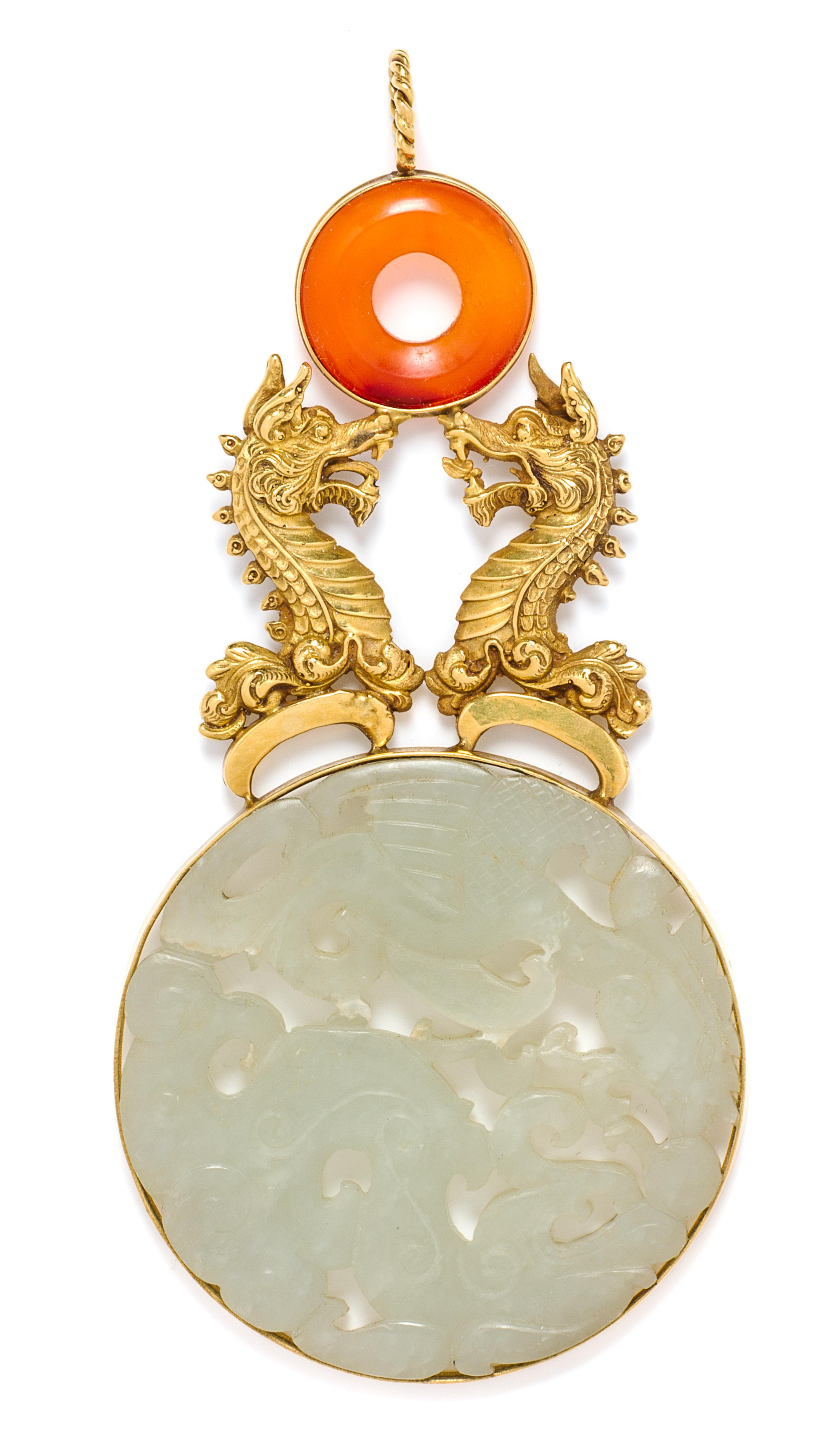 A Yellow Gold and Jade Pendant, 36.30 dwts.
