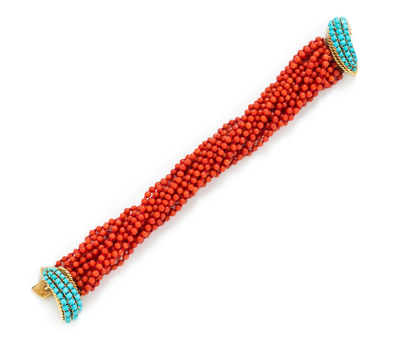 An 18 Karat Yellow Gold, Turquoise and Coral Bead Torsade Bracelet, 47.60 dwts.