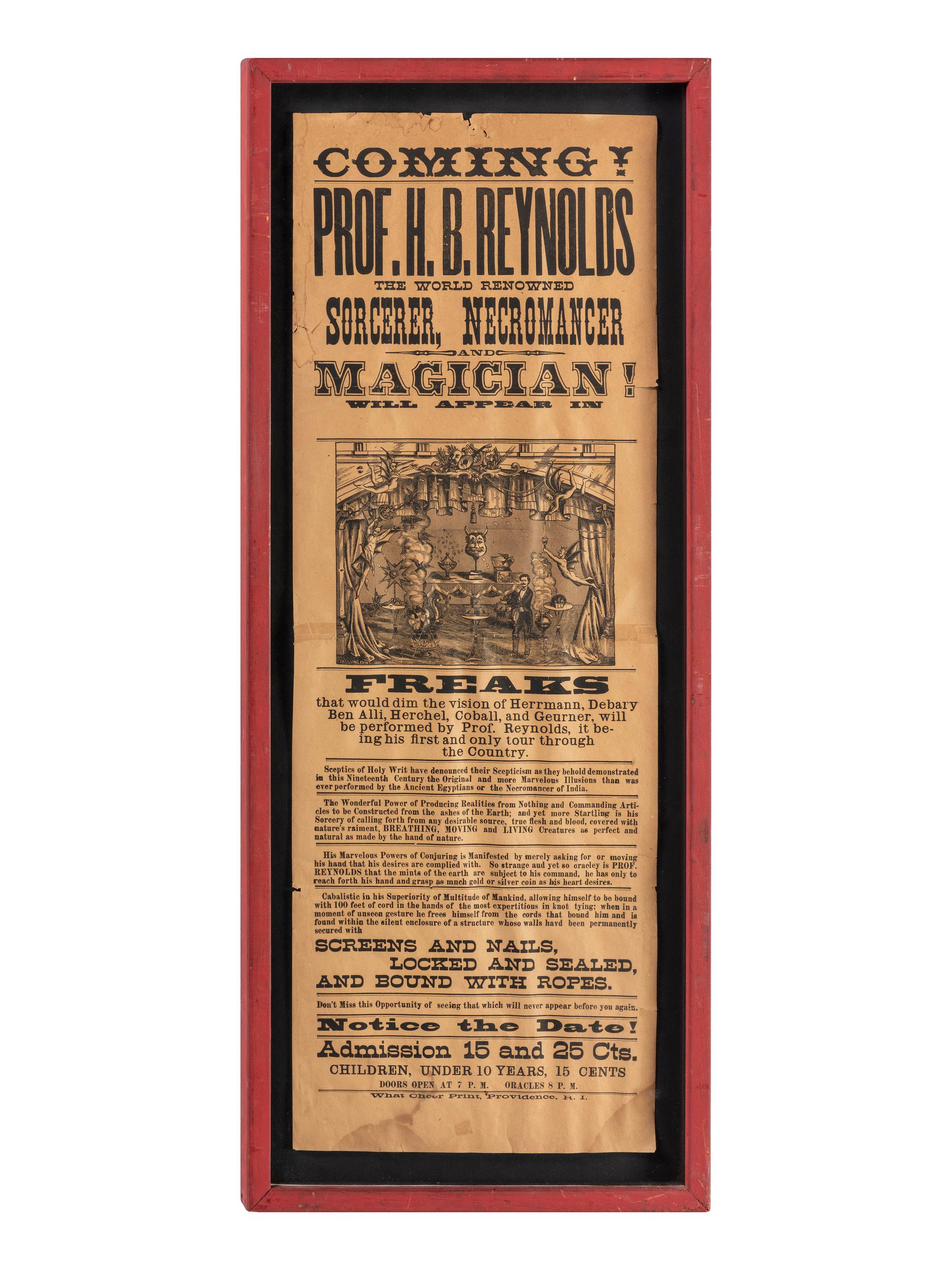 A Printed Broadside Promoting the Touring Performance of 'World Renowned Sorcerer, Necromancer, and Magician' Professor H.B. Reynolds