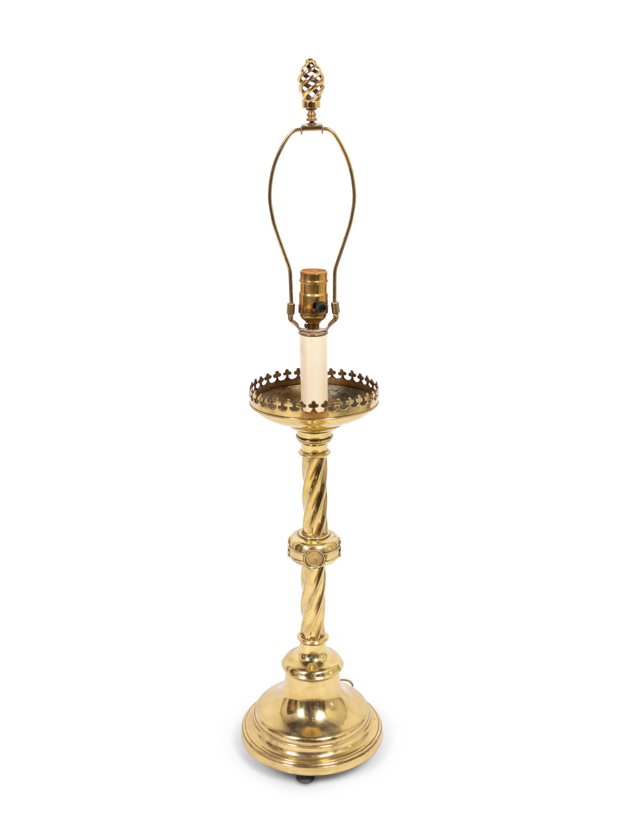 A Continental Brass Altar Candlestick Mounted as a Lamp