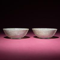 A Pair of Chinese Carved Jadeite 'Floral' Bowls, 19th-20th Century — 晚清-民國 翡翠刻花過墻碗一對