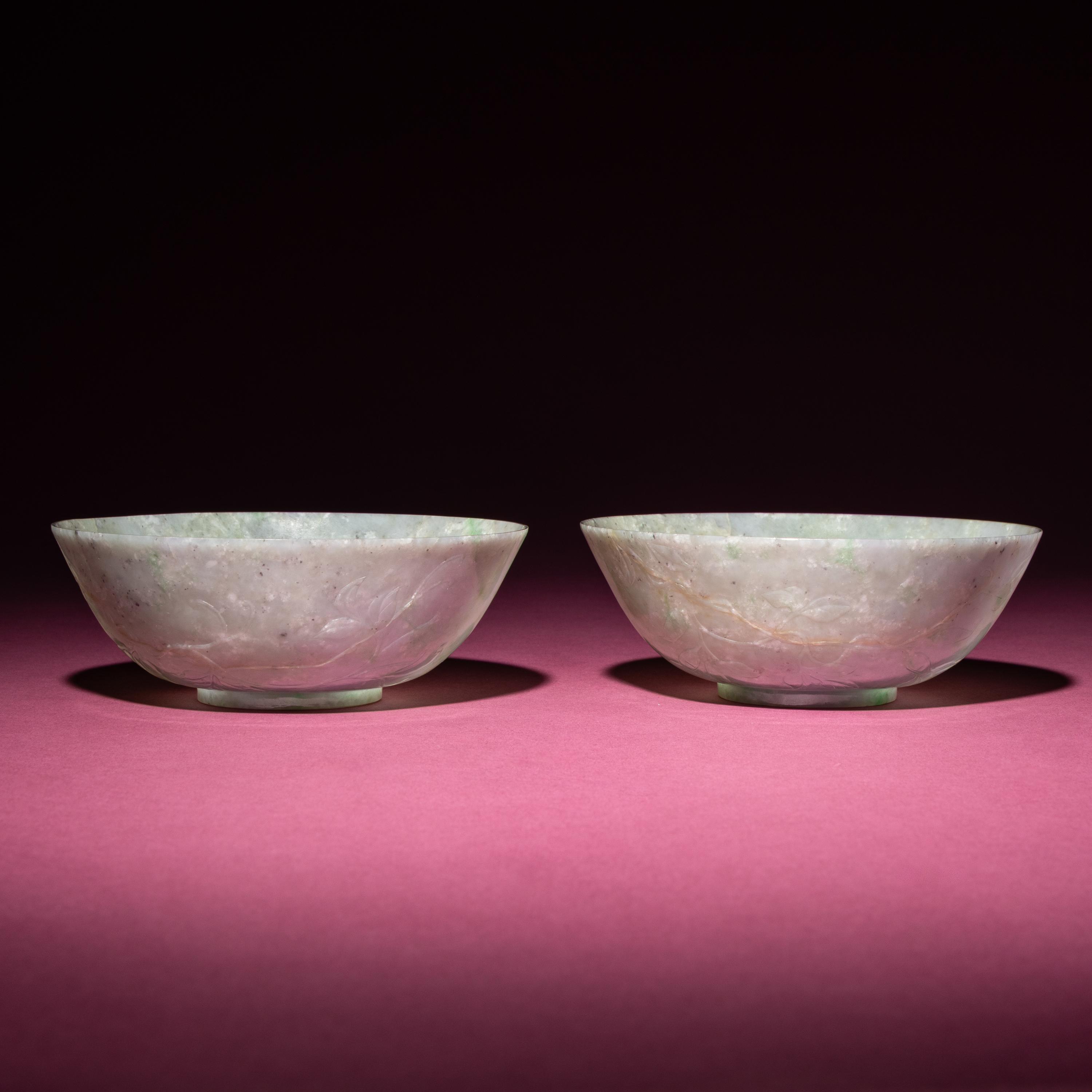 A Pair of Chinese Carved Jadeite 'Floral' Bowls, 19th-20th Century — 晚清-民國 翡翠刻花過墻碗一對