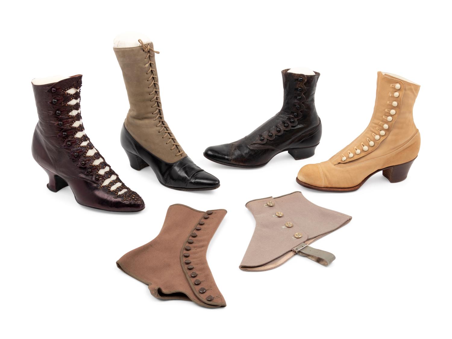 Collection of Footwear; Four Pairs of Boots, Two Pairs of Spats, 19th and Early 20th Century
