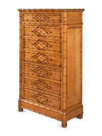 A Victorian Faux Bamboo-Carved Birdseye Maple Bureau Chest