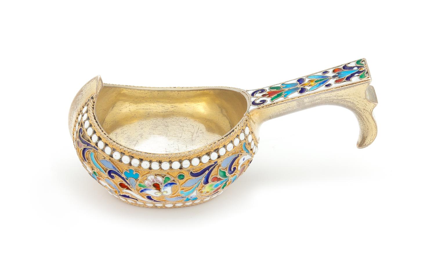 A Russian Silver-Gilt and Enamel Kovsh, Maker's Mark Cyrillic ND, 20th Century, the body and handle decorated with polychrome enameled