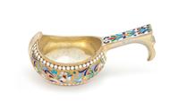 A Russian Silver-Gilt and Enamel Kovsh, Maker's Mark Cyrillic ND, 20th Century, the body and handle decorated with polychrome enameled