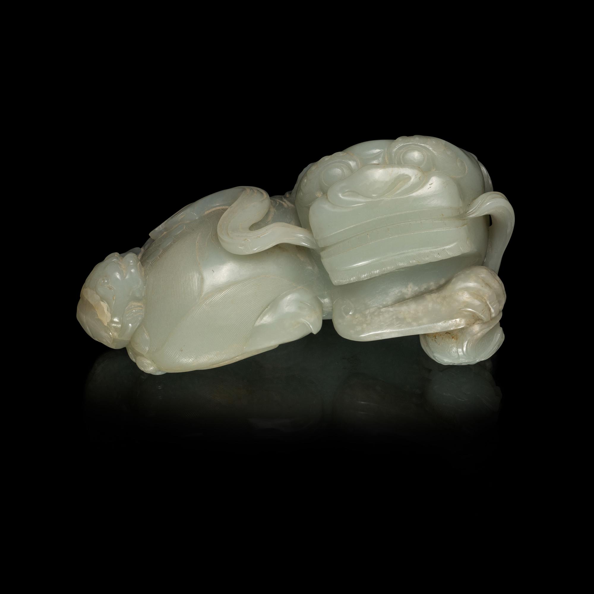 A Large Pale Celadon Jade Figure of a Fu Lion and Cub
