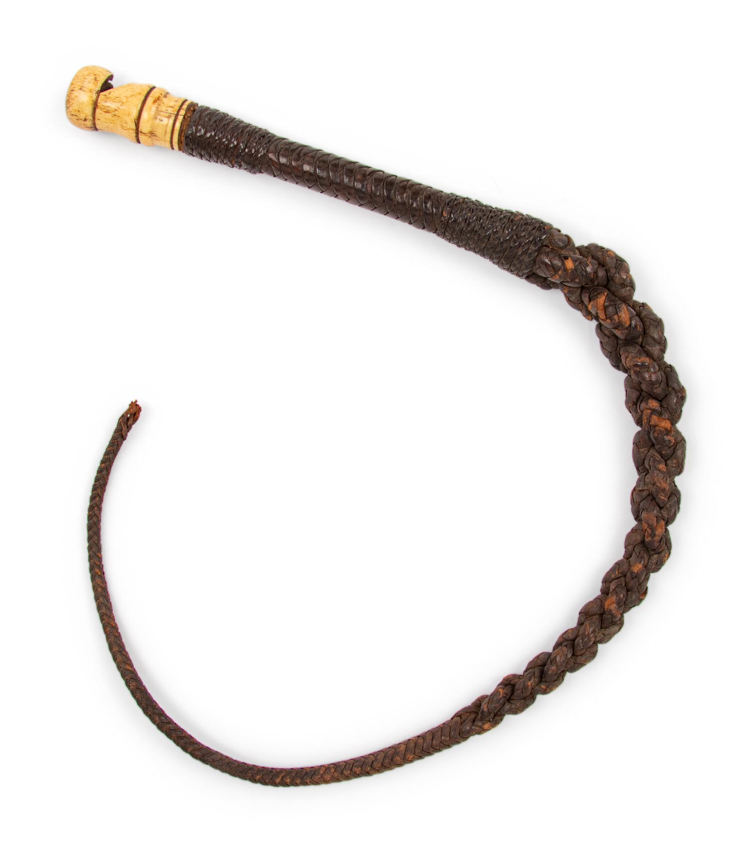 Women's Riding Top Hat and Braided Leather Whip, 1880s