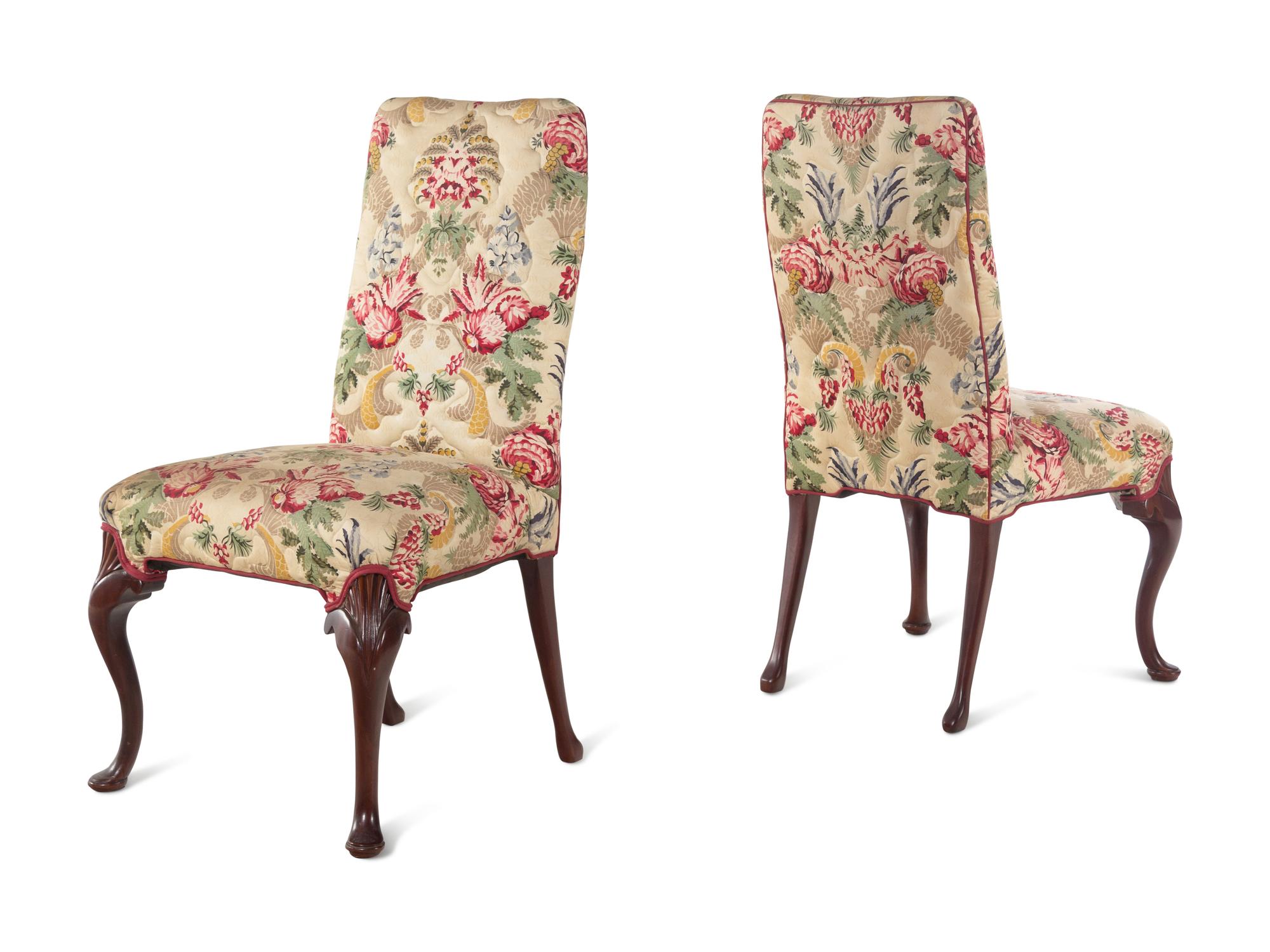 A Pair of Queen Anne Style Side Chairs with Chintz Upholstery