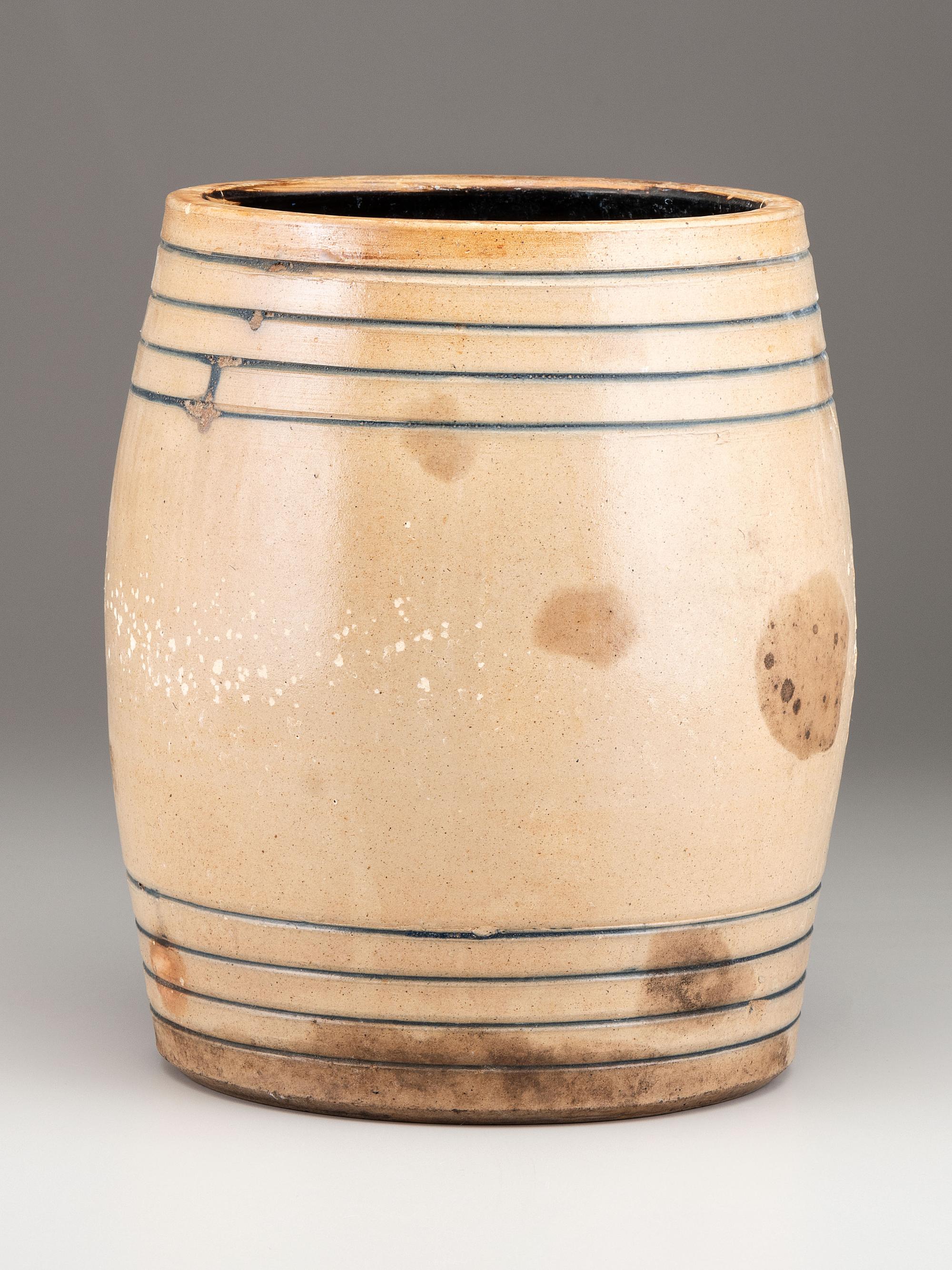 A Maxstun, Ottman & Co. Cobalt Decorated Six-Gallon Stoneware Cooler