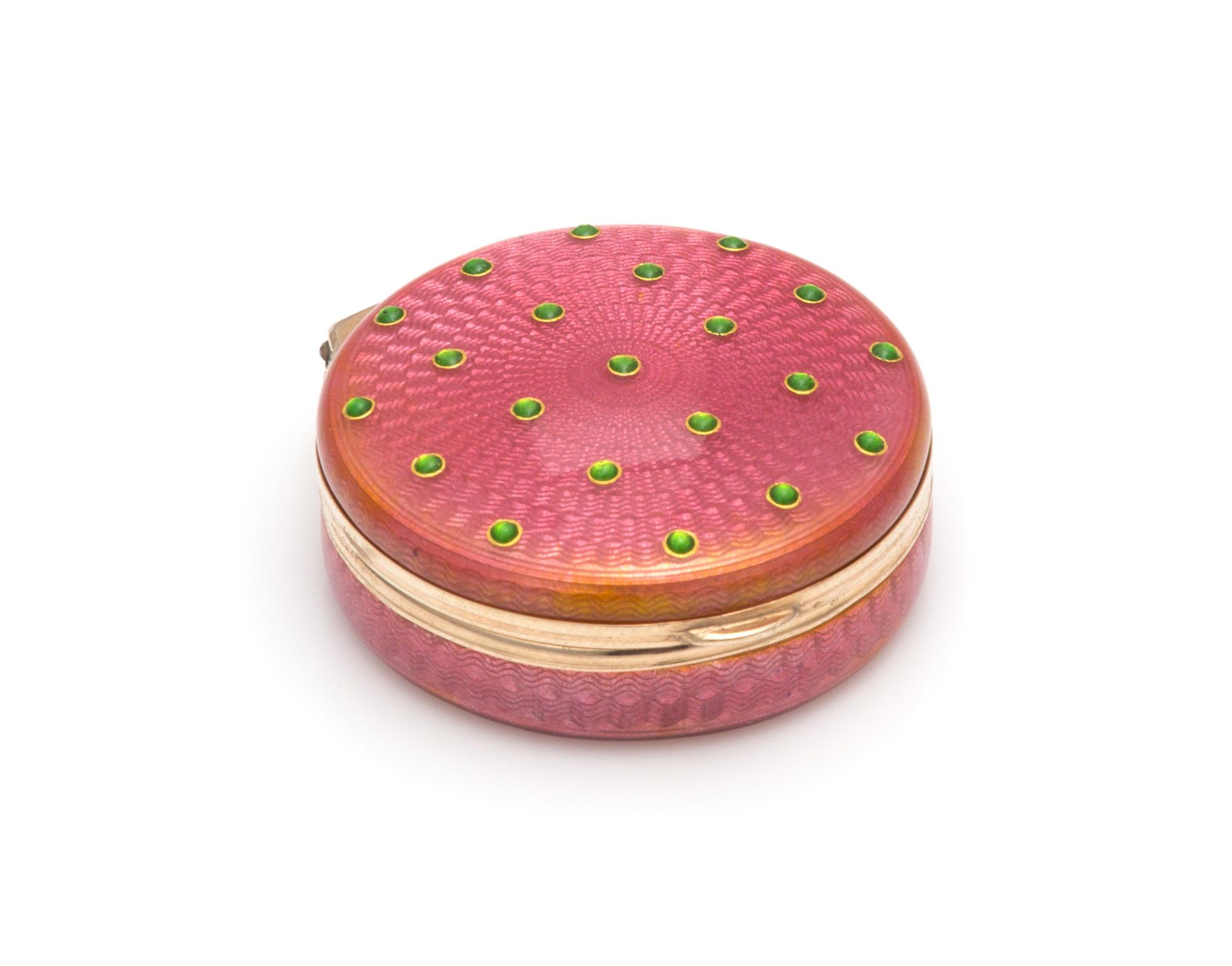 A Russian Silver and Guilloche Enameled Pill Box, Maker's Mark EK, Late 19th/Early 20th Century, having a pink guilloche enameled groun
