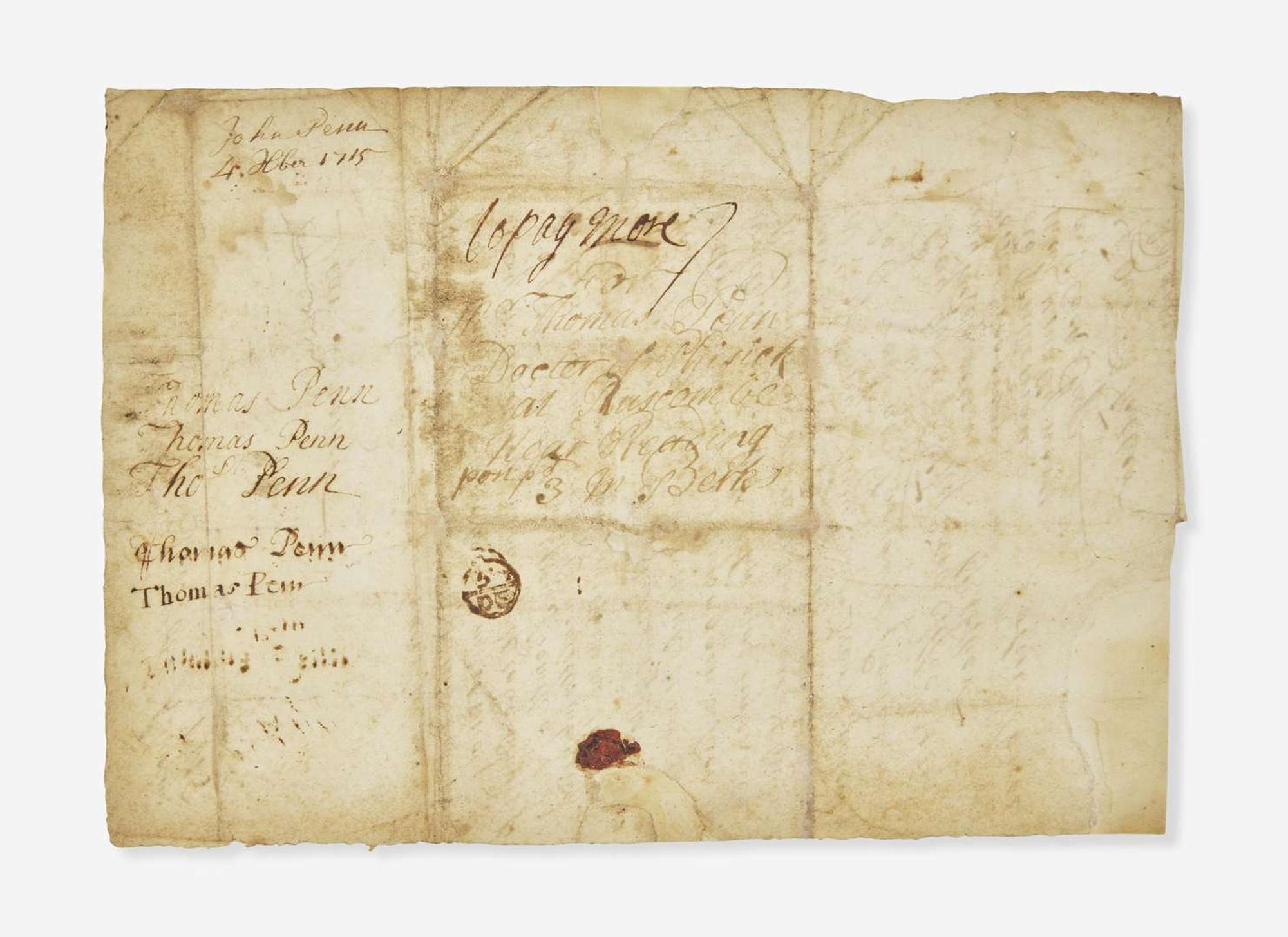 [Philadelphia & Pennsylvania] [Penn, William] Penn, John: Autograph Letter, signed