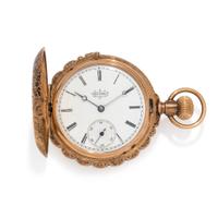 ELGIN, 14K YELLOW GOLD AND ENAMEL HUNTER CASE POCKET WATCH