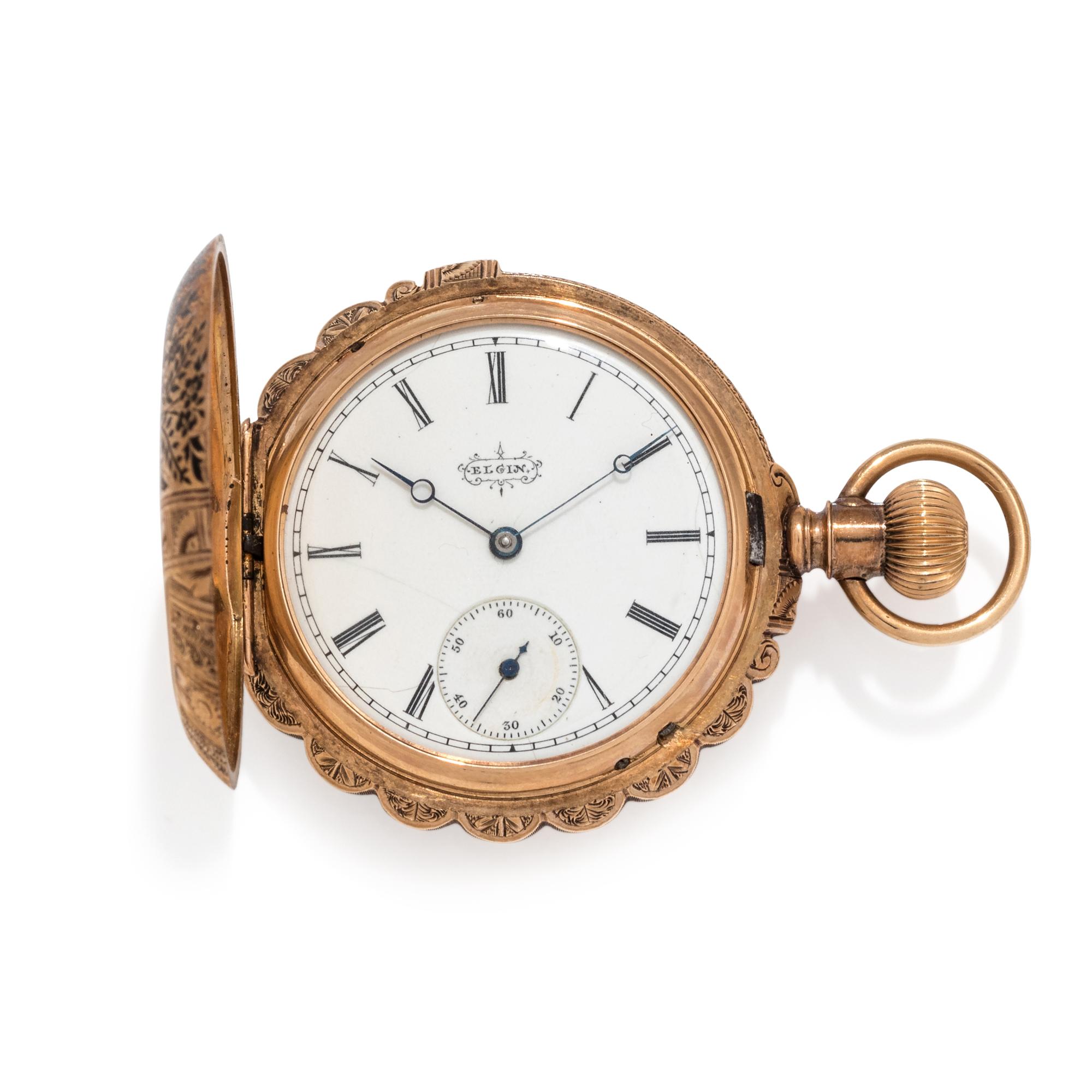 ELGIN, 14K YELLOW GOLD AND ENAMEL HUNTER CASE POCKET WATCH
