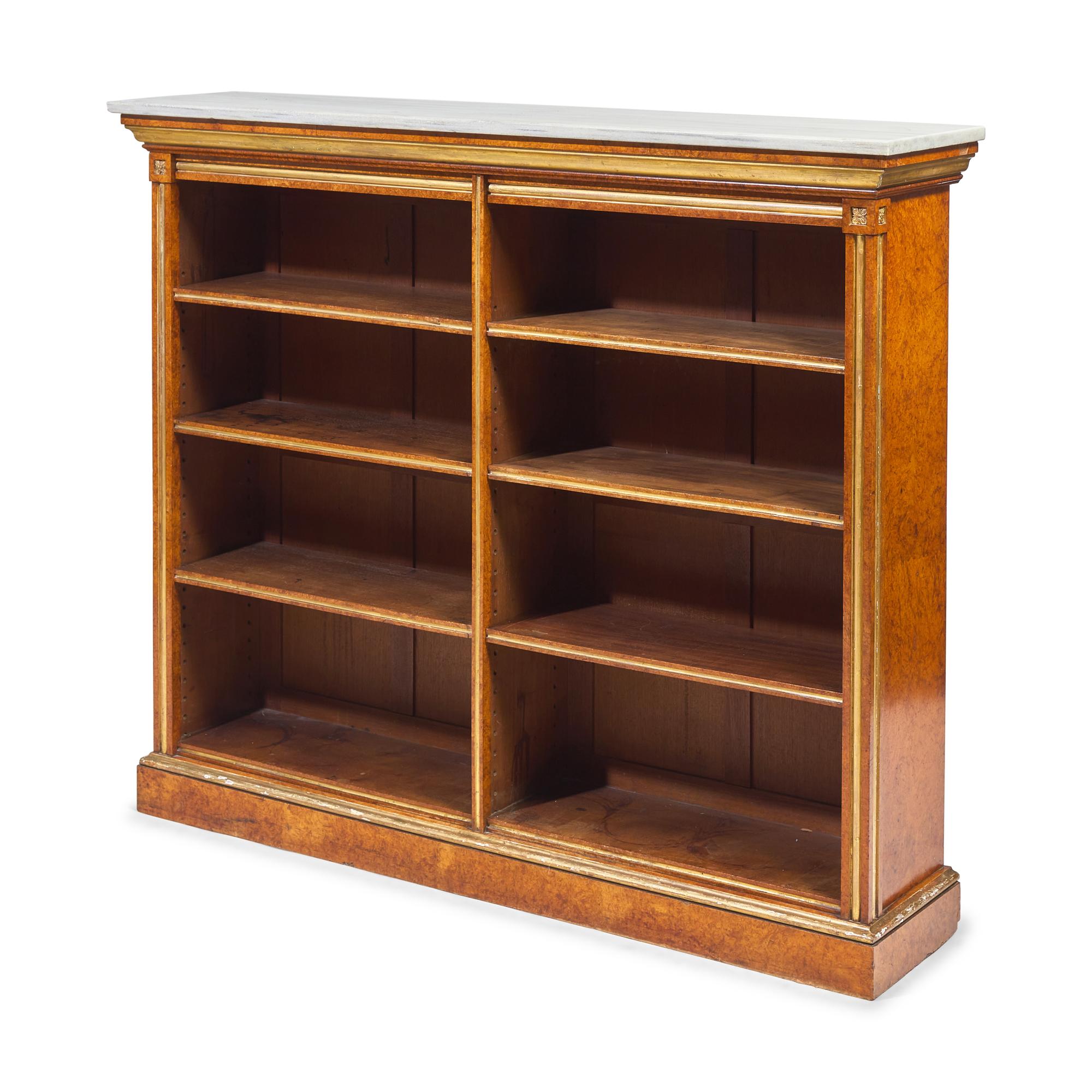 A Louis XVI Style Plum-Pudding Mahogany (Acajou Moucheté), Parcel-Gilt and Marble-Top Bookcase