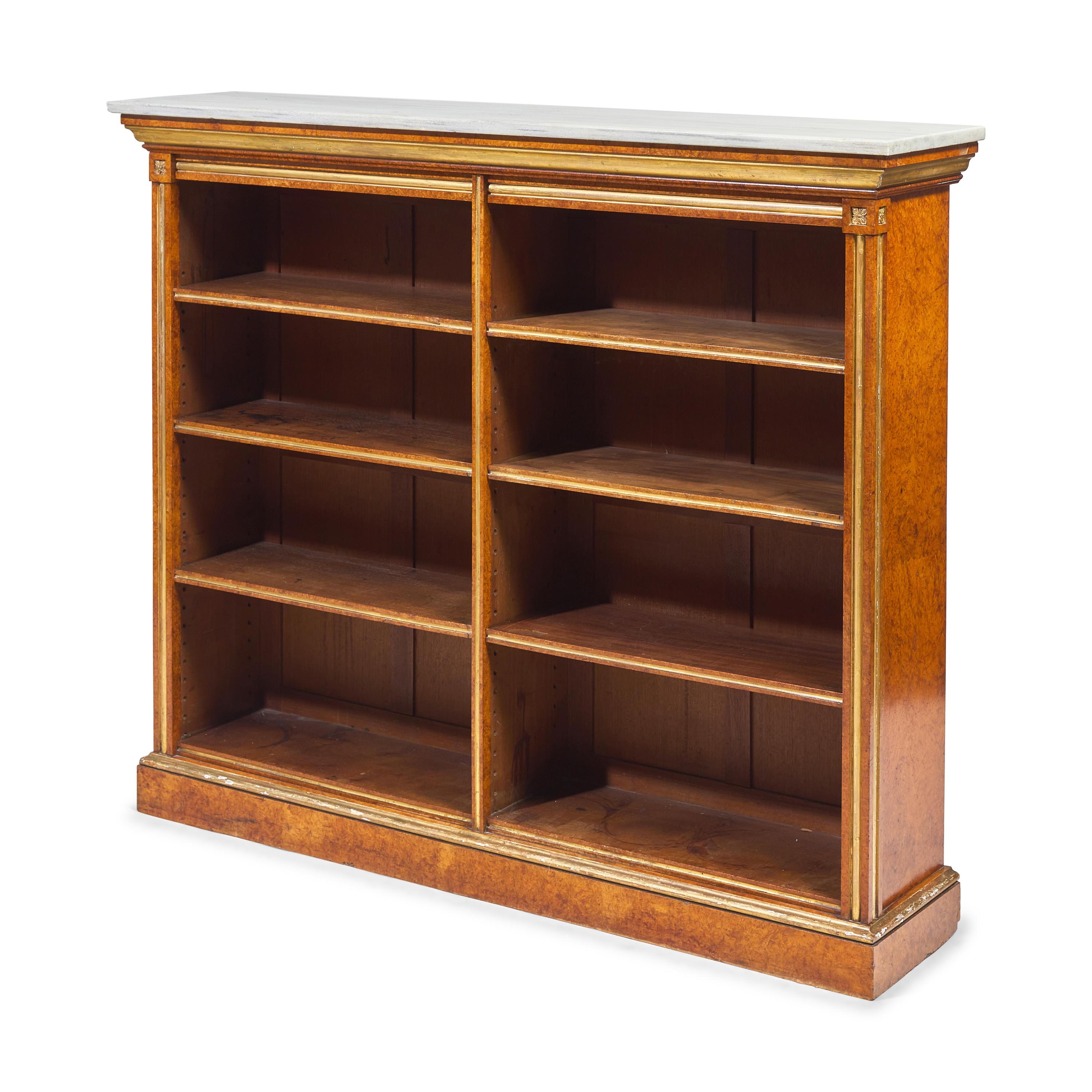 A Louis XVI Style Plum-Pudding Mahogany (Acajou Moucheté), Parcel-Gilt and Marble-Top Bookcase
