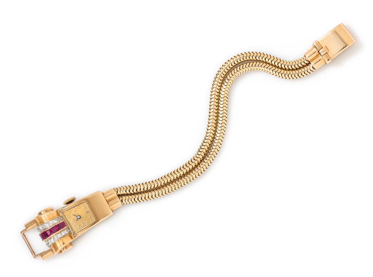 A Retro Rose Gold, Platinum, Ruby and Diamond Wristwatch, 26.70 dwts.