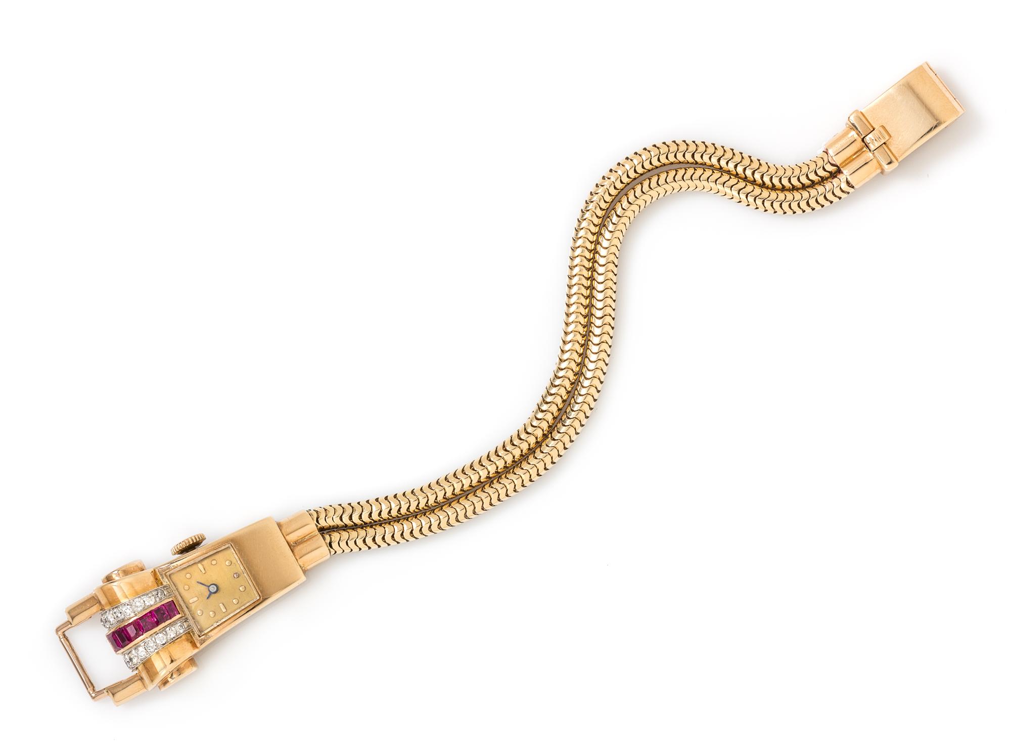 A Retro Rose Gold, Platinum, Ruby and Diamond Wristwatch, 26.70 dwts.