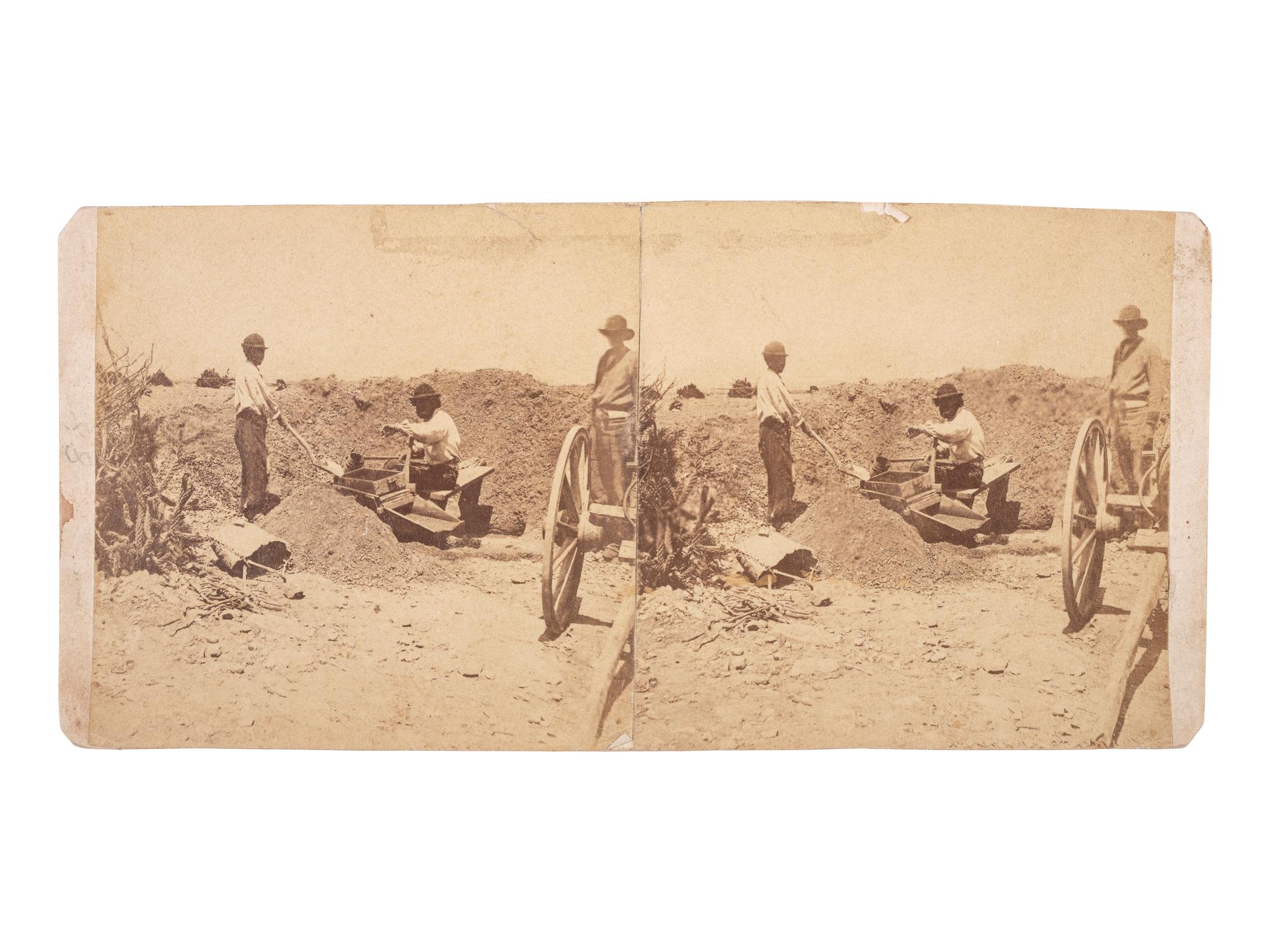 [WESTERN AMERICANA - MINING]. [HEISTER, H.T., photographer]. A group of 3 stereoviews, incl. images of gold mining in New Mexico and the Exchange Hotel. [Santa Fe, NM]: ca 1870s.