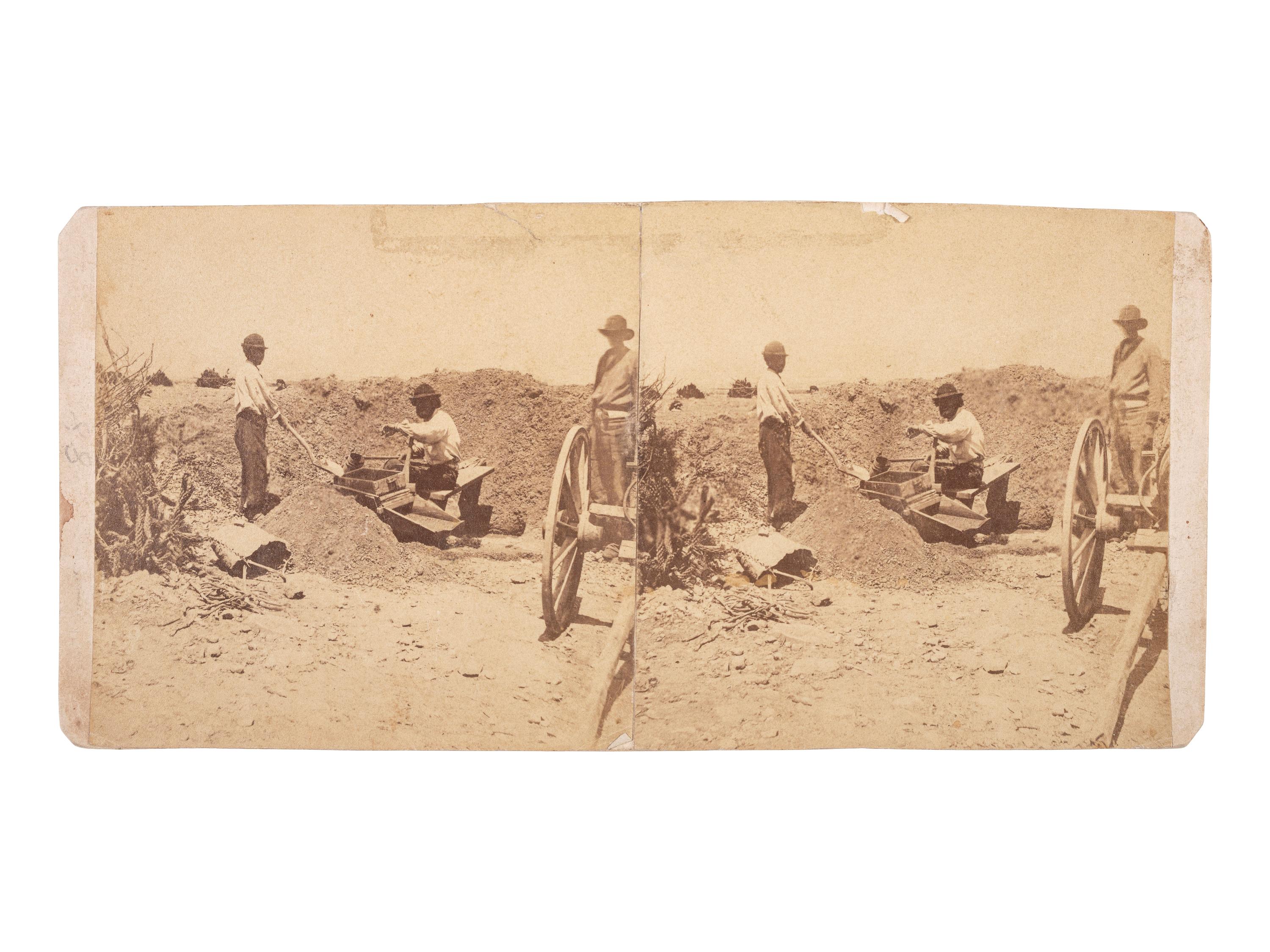 [WESTERN AMERICANA - MINING]. [HEISTER, H.T., photographer]. A group of 3 stereoviews, incl. images of gold mining in New Mexico and the Exchange Hotel. [Santa Fe, NM]: ca 1870s.