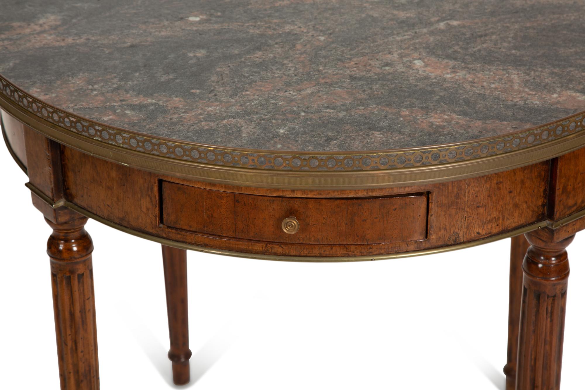 A Pair of Louis XVI Style Gilt Metal Mounted Marble Top Bouillotte Tables