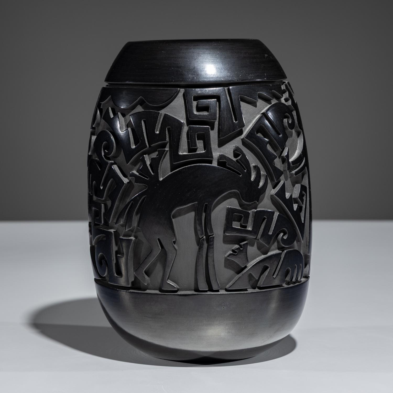 Carved Figural Blackware Pottery Vase November 1994