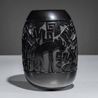 Carved Figural Blackware Pottery Vase November 1994