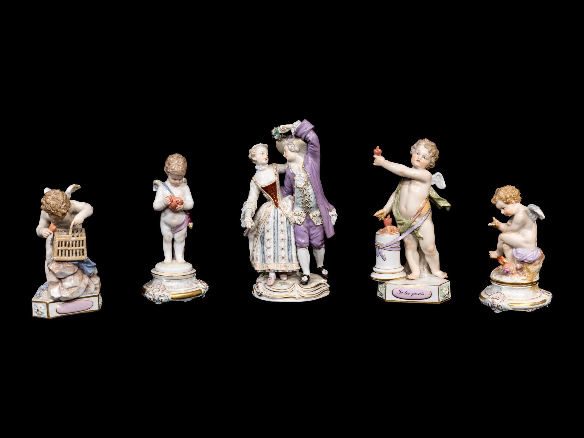 Four Meissen Porcelain Figures of Cupid and a German Porcelain Group of an 18th Century Couple