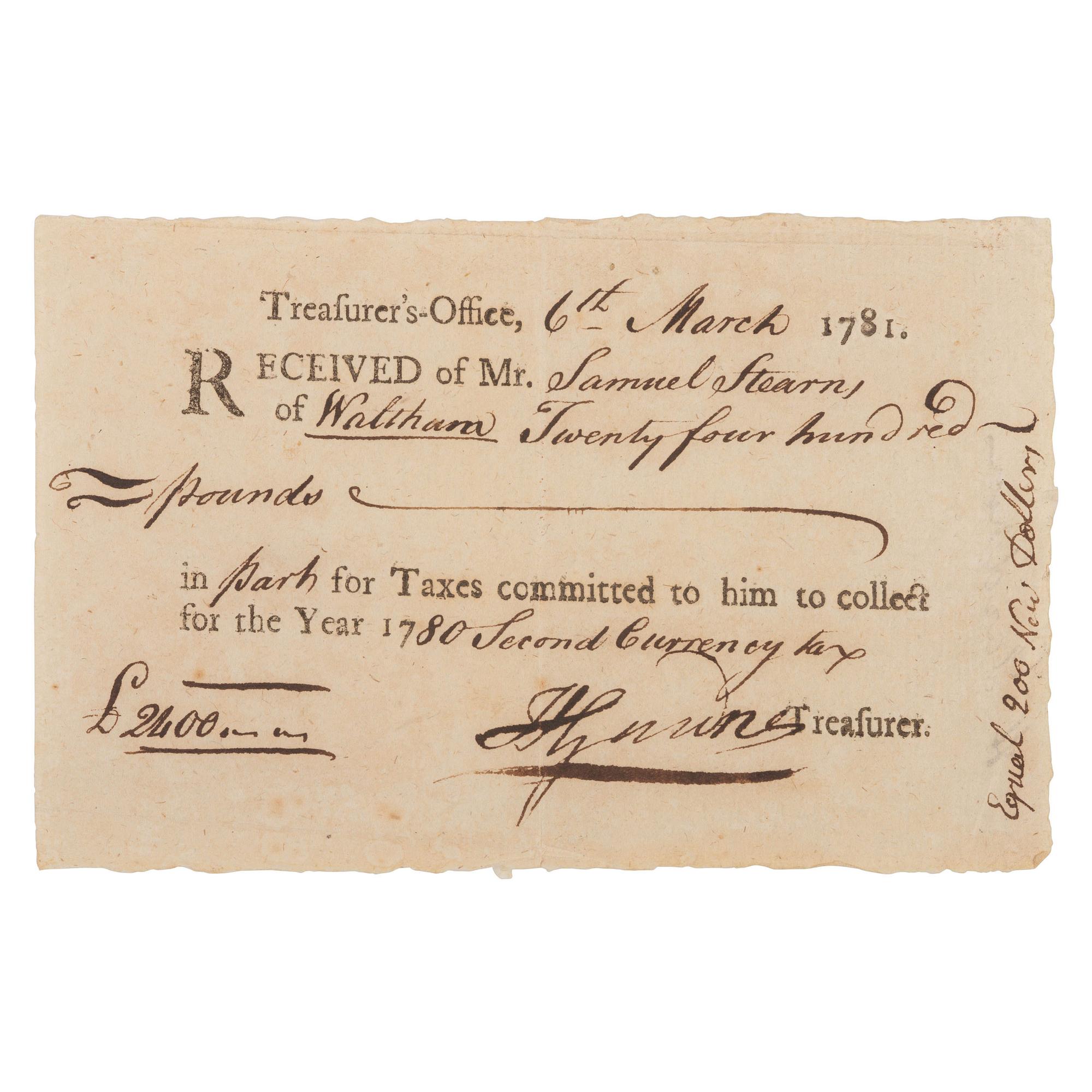 [REVOLUTIONARY WAR]. Group of 3 pay receipts for the hire of a substitute soldier identified to Samuel Stearns of Waltham, Massachusetts.