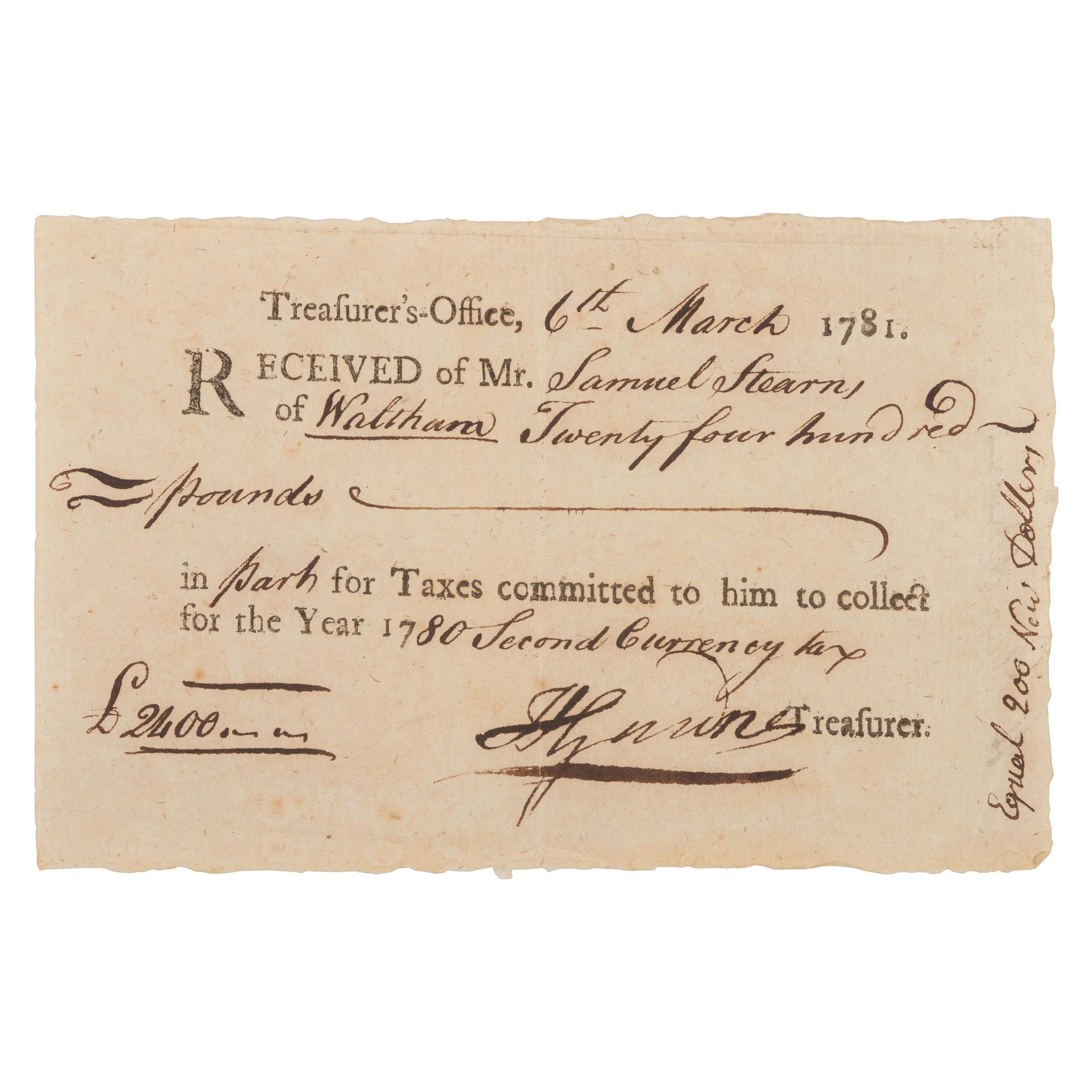 [REVOLUTIONARY WAR]. Group of 3 pay receipts for the hire of a substitute soldier identified to Samuel Stearns of Waltham, Massachusetts.