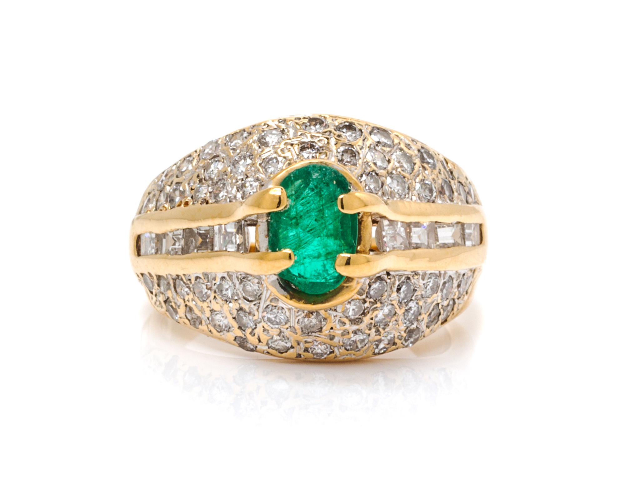 A 14 Karat Yellow Gold, Emerald and Diamond Ring, 4.30 dwts.